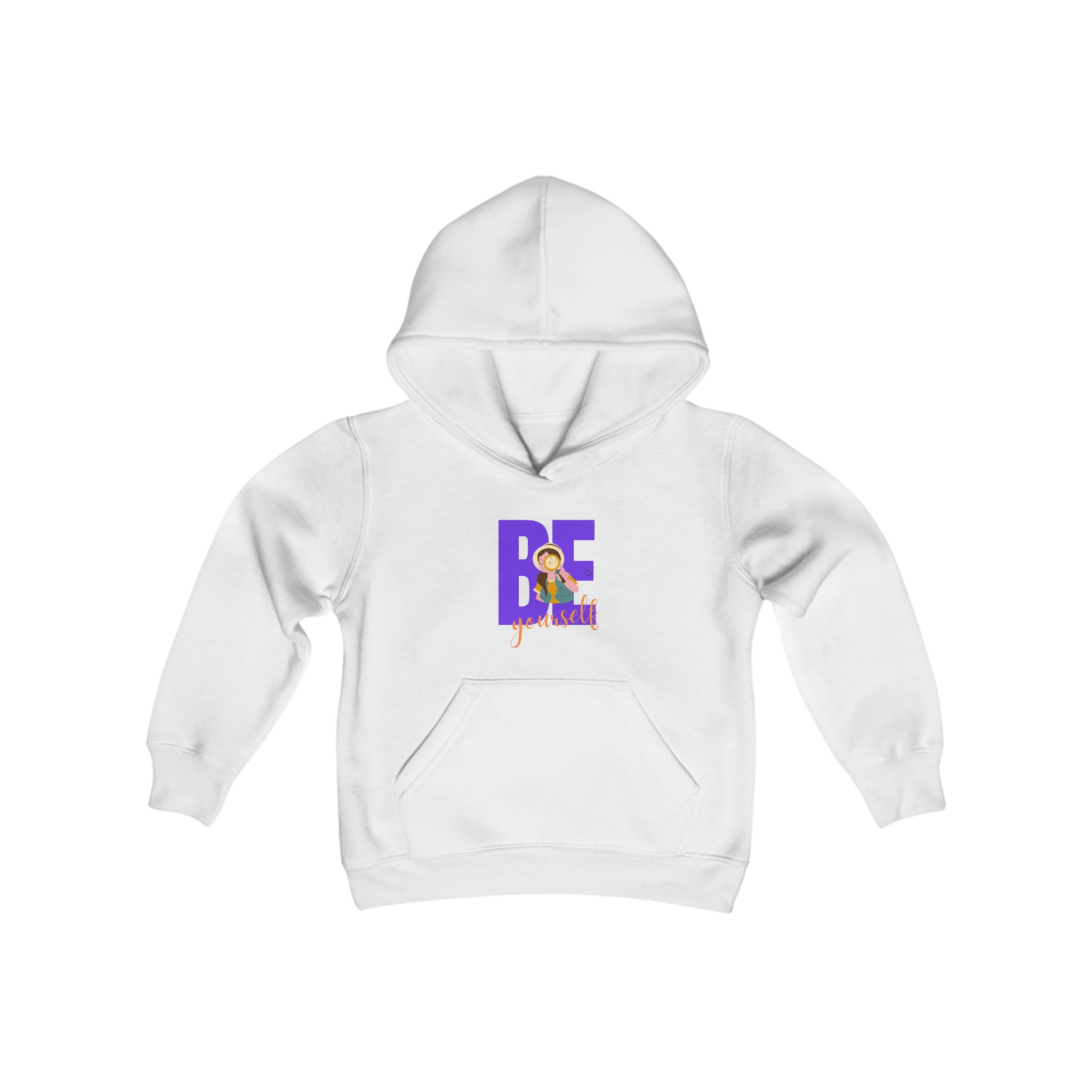Youth girl wearing white hoodie with "Be Yourself" motivational image on front.