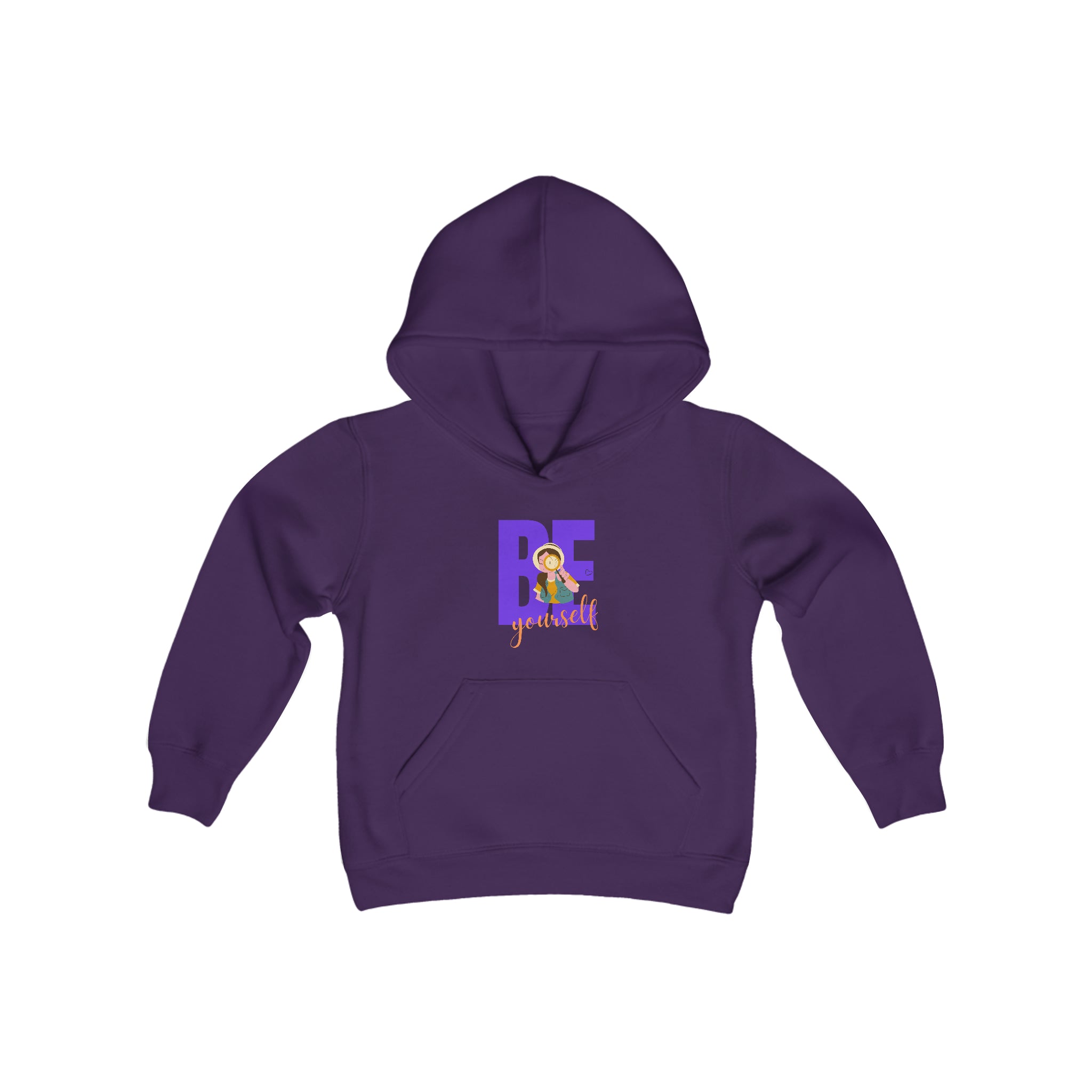 Youth girl wearing purple hoodie with "Be Yourself" motivational image on front.