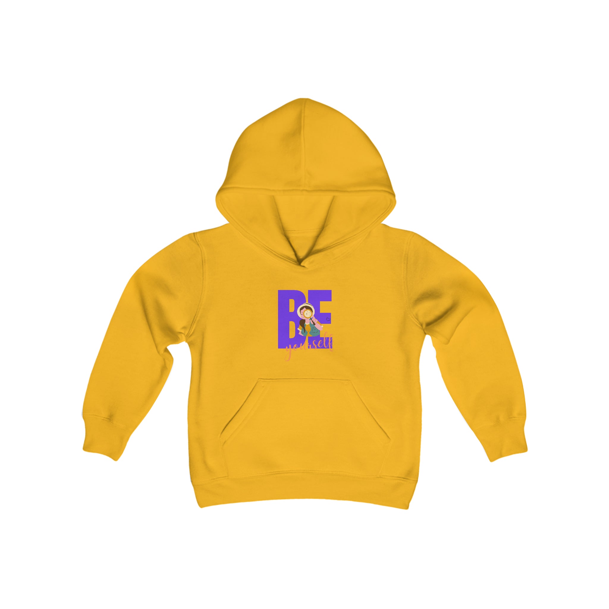 Youth girl wearing gold hoodie with "Be Yourself" motivational image on front.