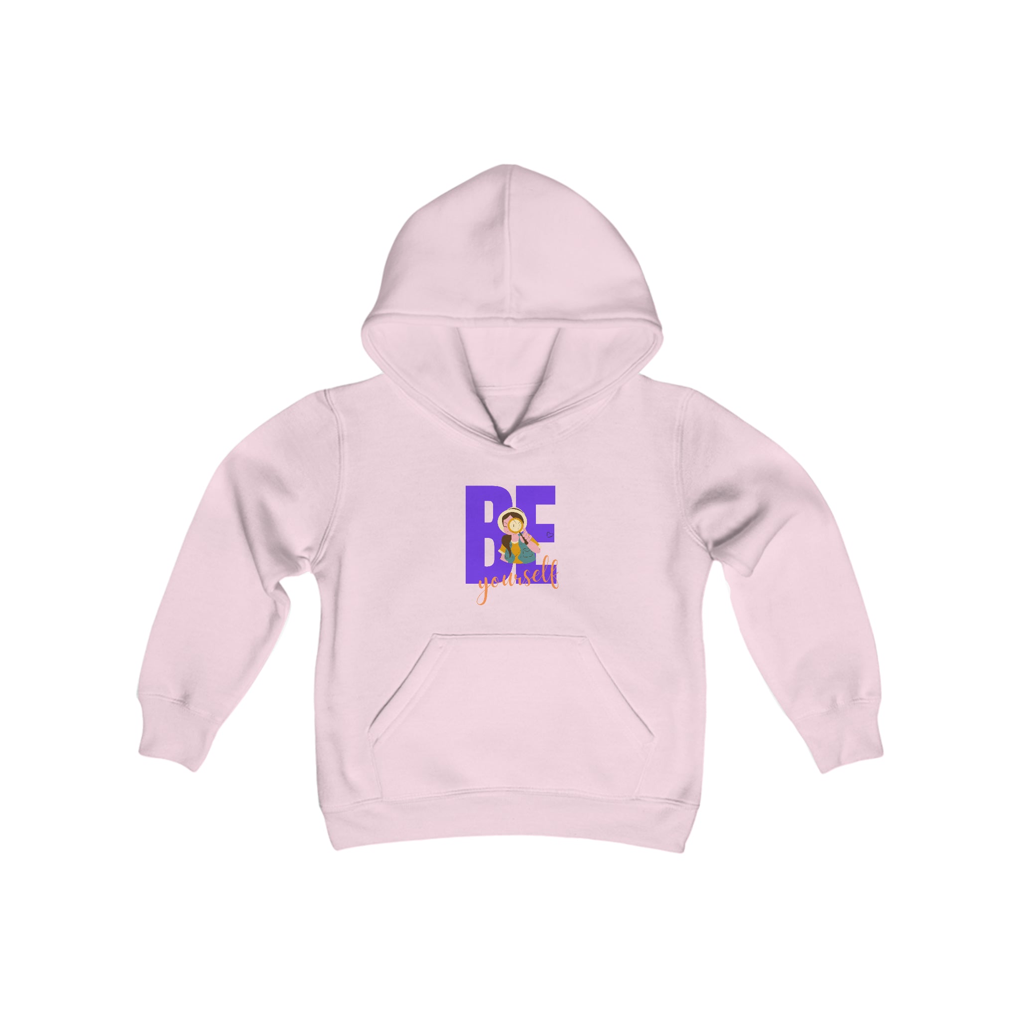 Youth girl wearing light pink hoodie with "Be Yourself" motivational image on front.