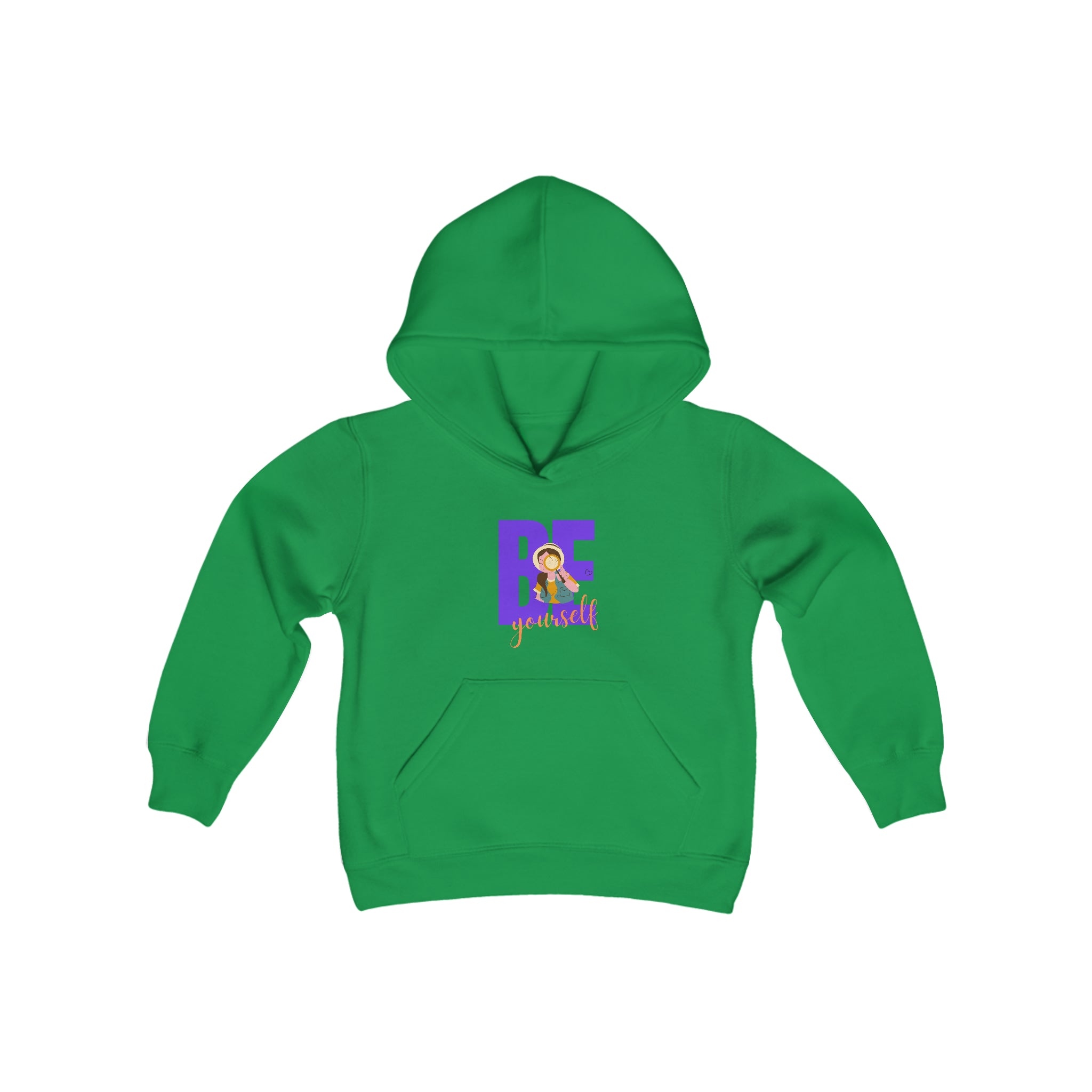 Youth girl wearing irish green  hoodie with "Be Yourself" motivational image on front.