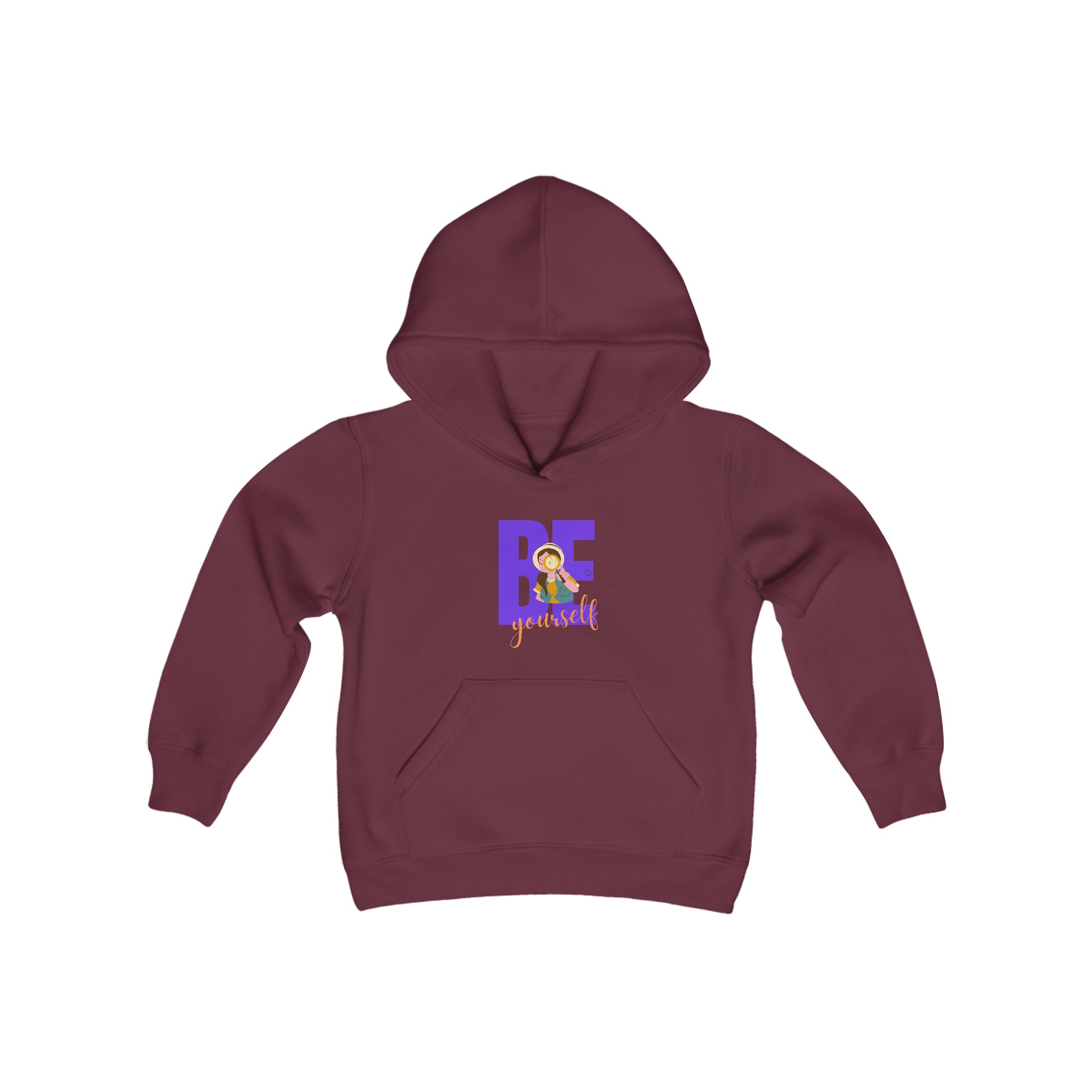 Youth girl wearing maroon hoodie with "Be Yourself" motivational image on front.