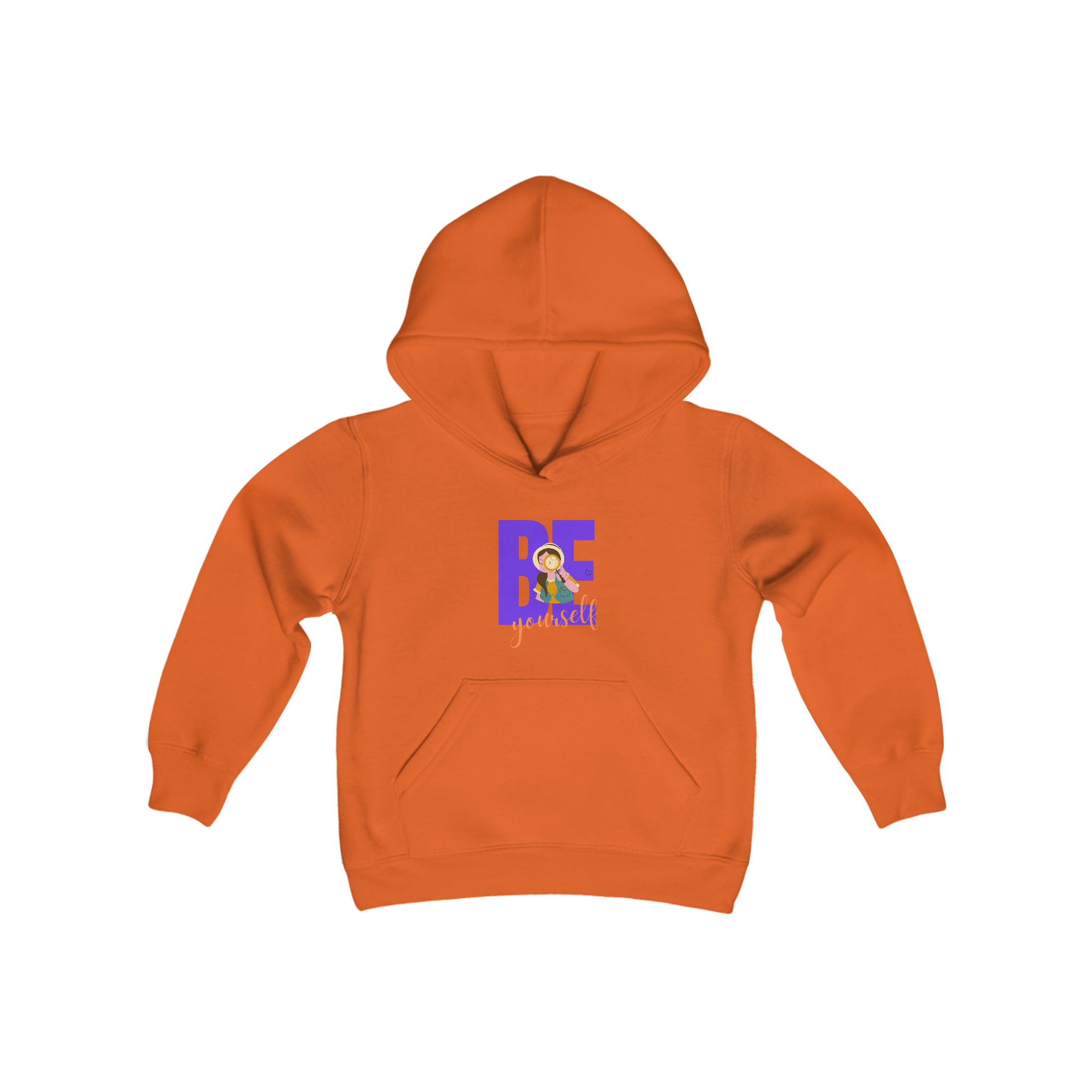 Youth girl wearing orange hoodie with "Be Yourself" motivational image on front.
