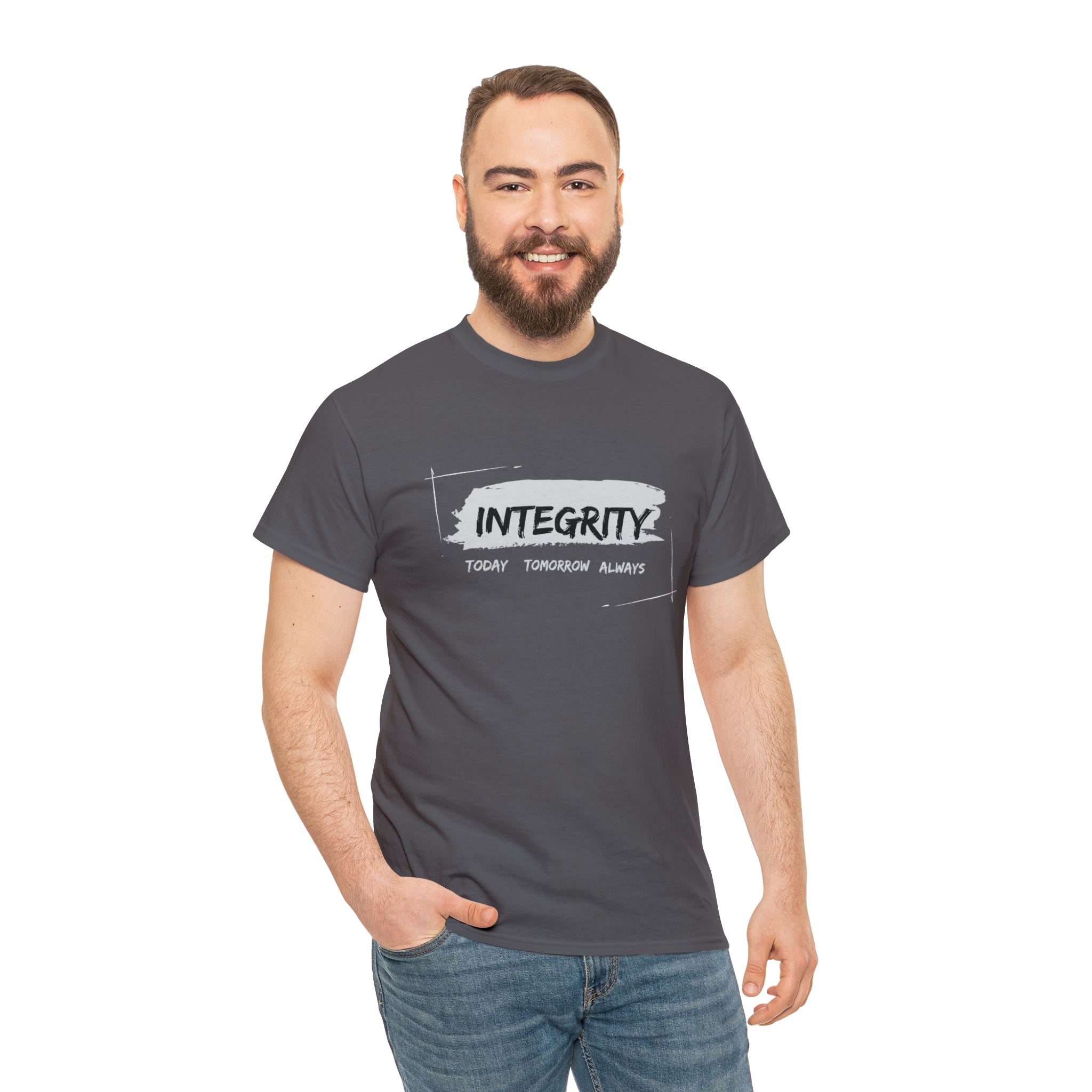 Adult man wearing charcoal T-Shirt " Integrity Today Tomorrow Always" inspired image.
