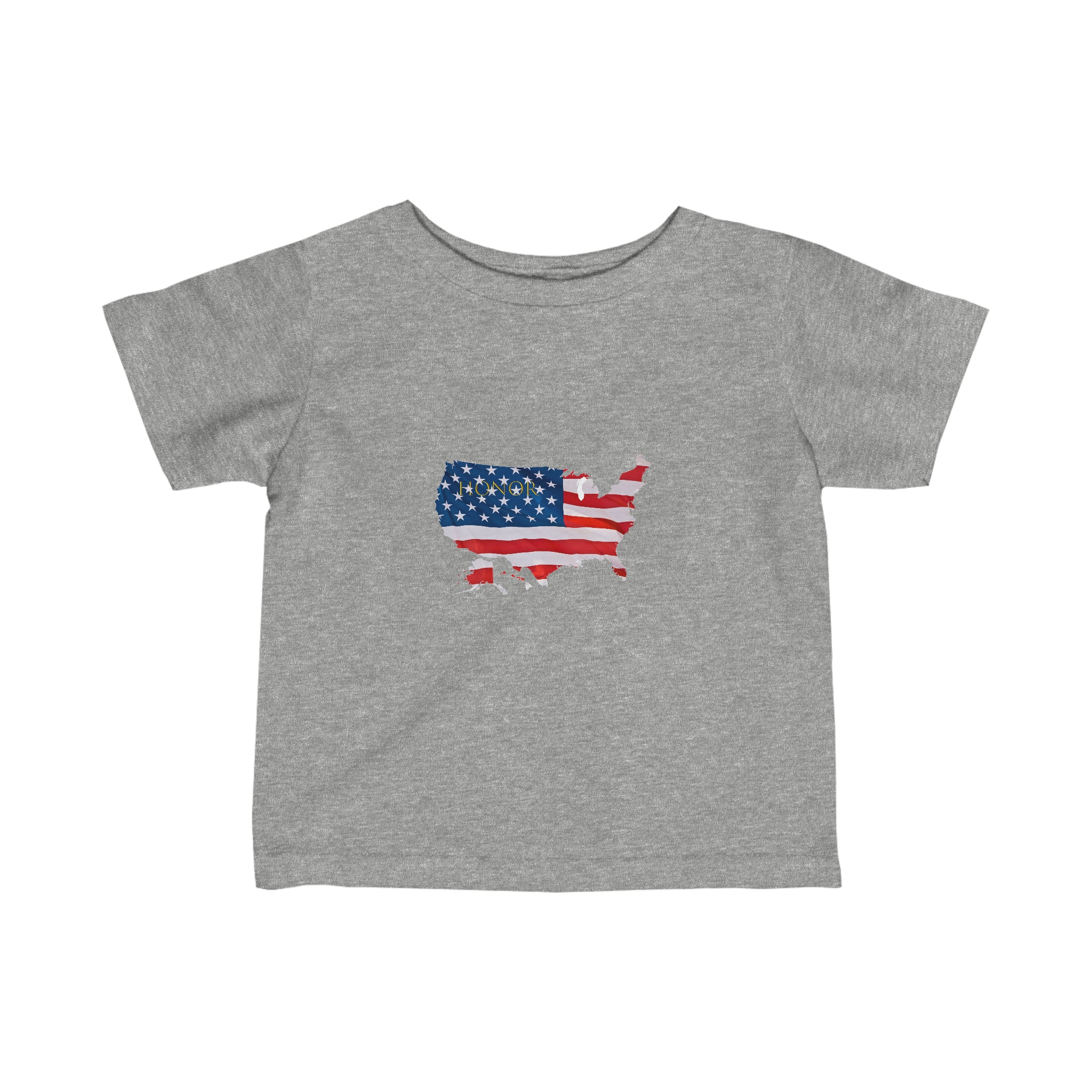 Infant unisex sports grey T-Shirt with "Honor USA" inspired American as a Flag graphic on front.