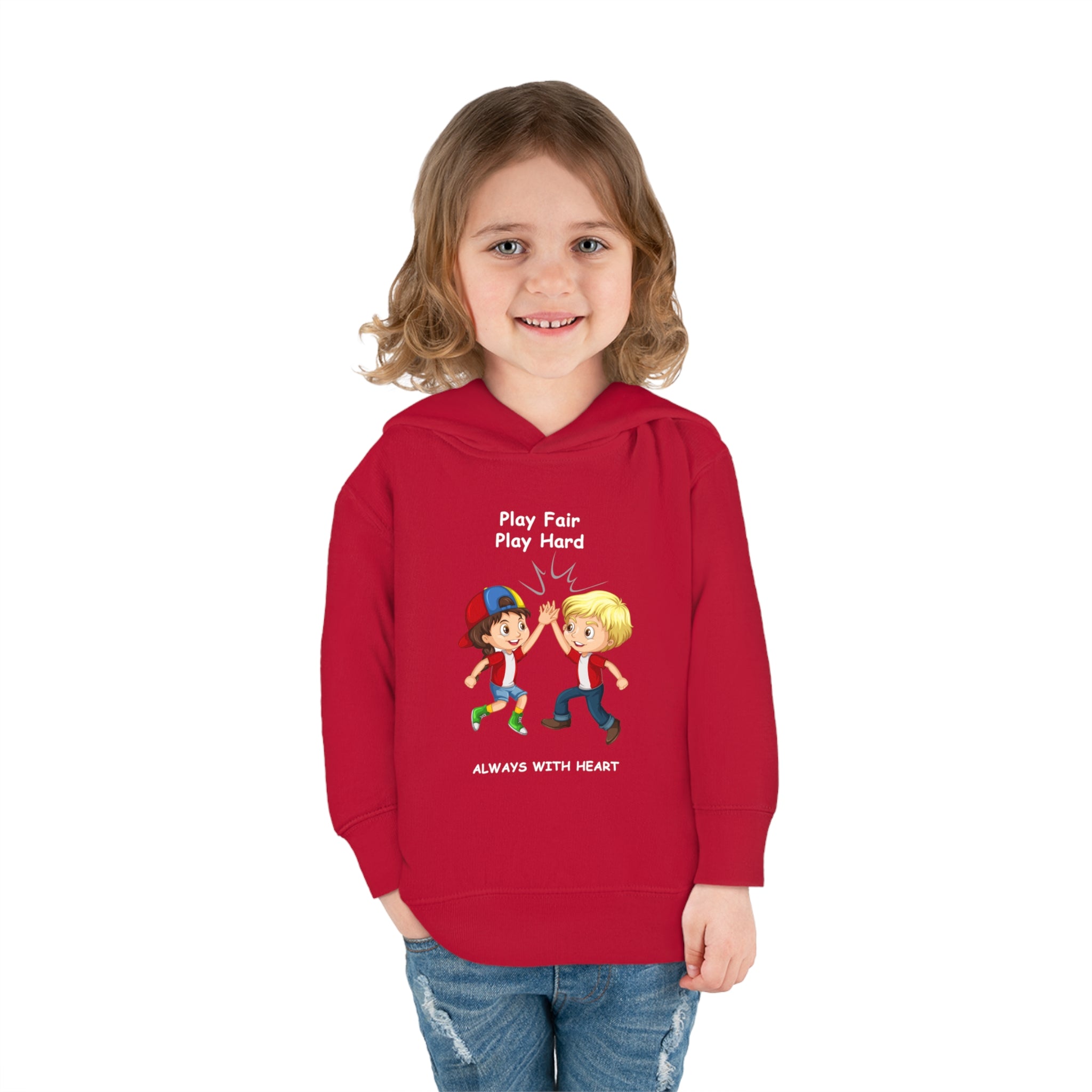 Girl  Toddler wearing unisex Red hoodie with " Play Fair Play Hard Always with Heart" inspired graphic