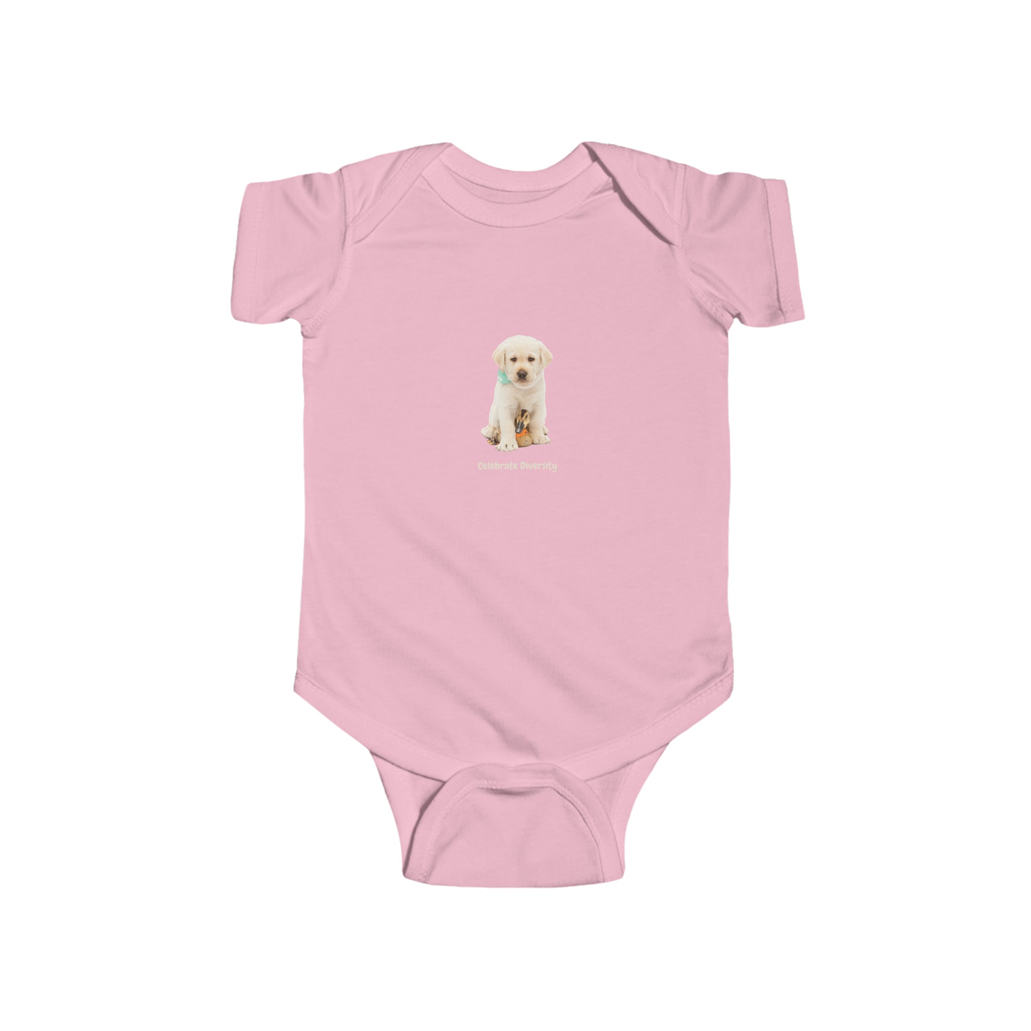 Infant unisex pink onesie with "Celebrate Diversity" inspired graphic with puppy and duck on front.