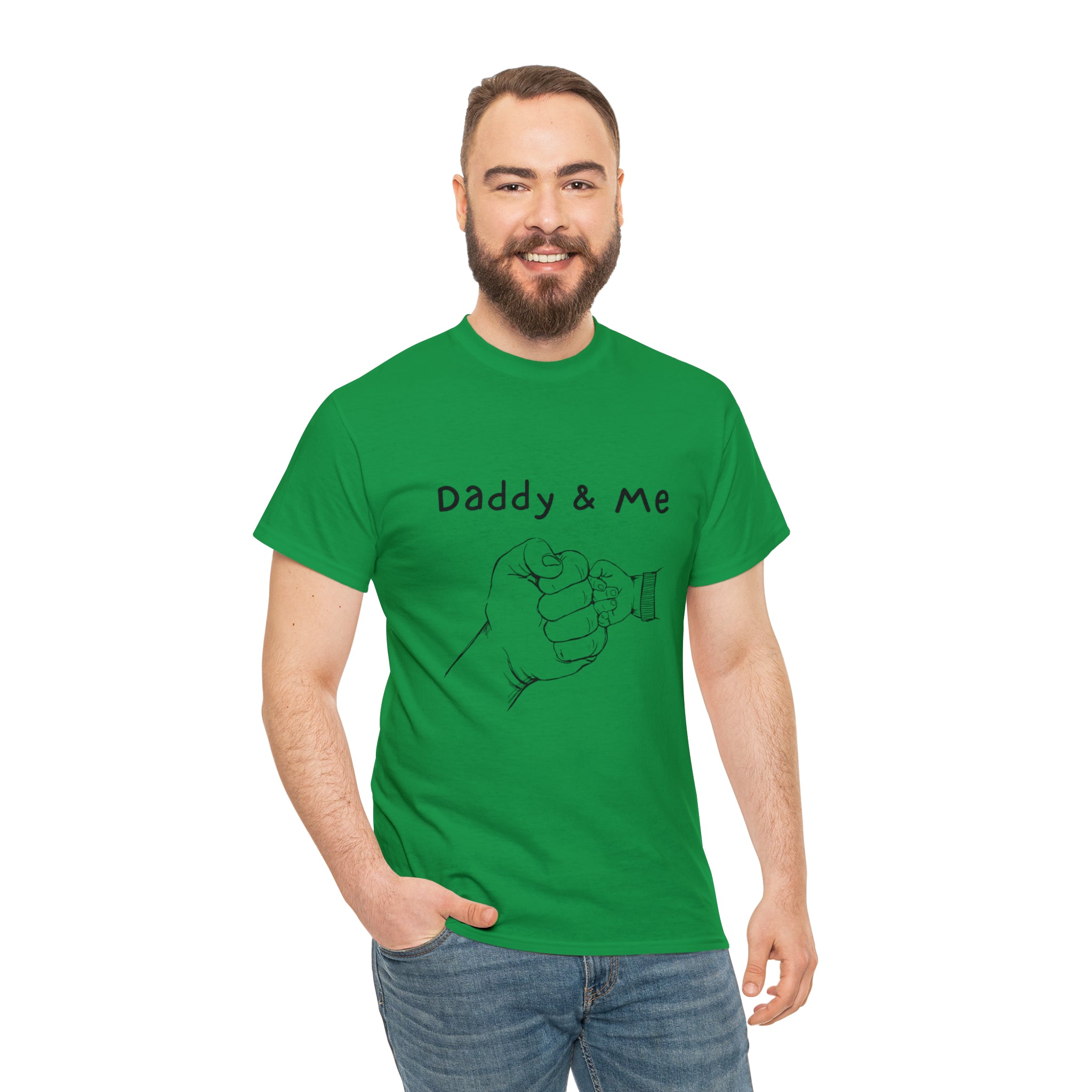 Adult man wearing irish green T-Shirt " Daddy & Me" with fist bumps hands on front.