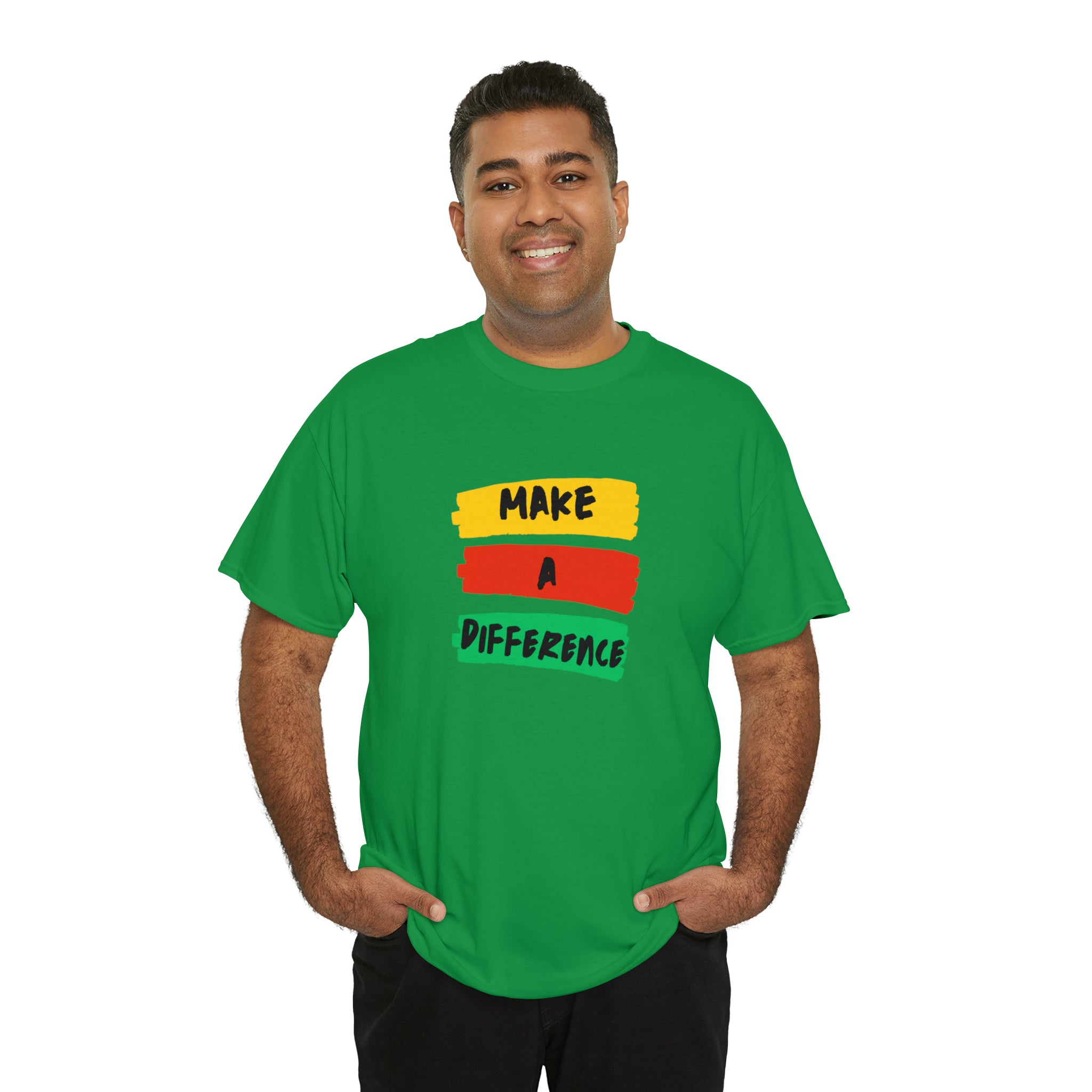 Adult male unisex irish green  T-Shirt with " Make A Difference" inspired images.