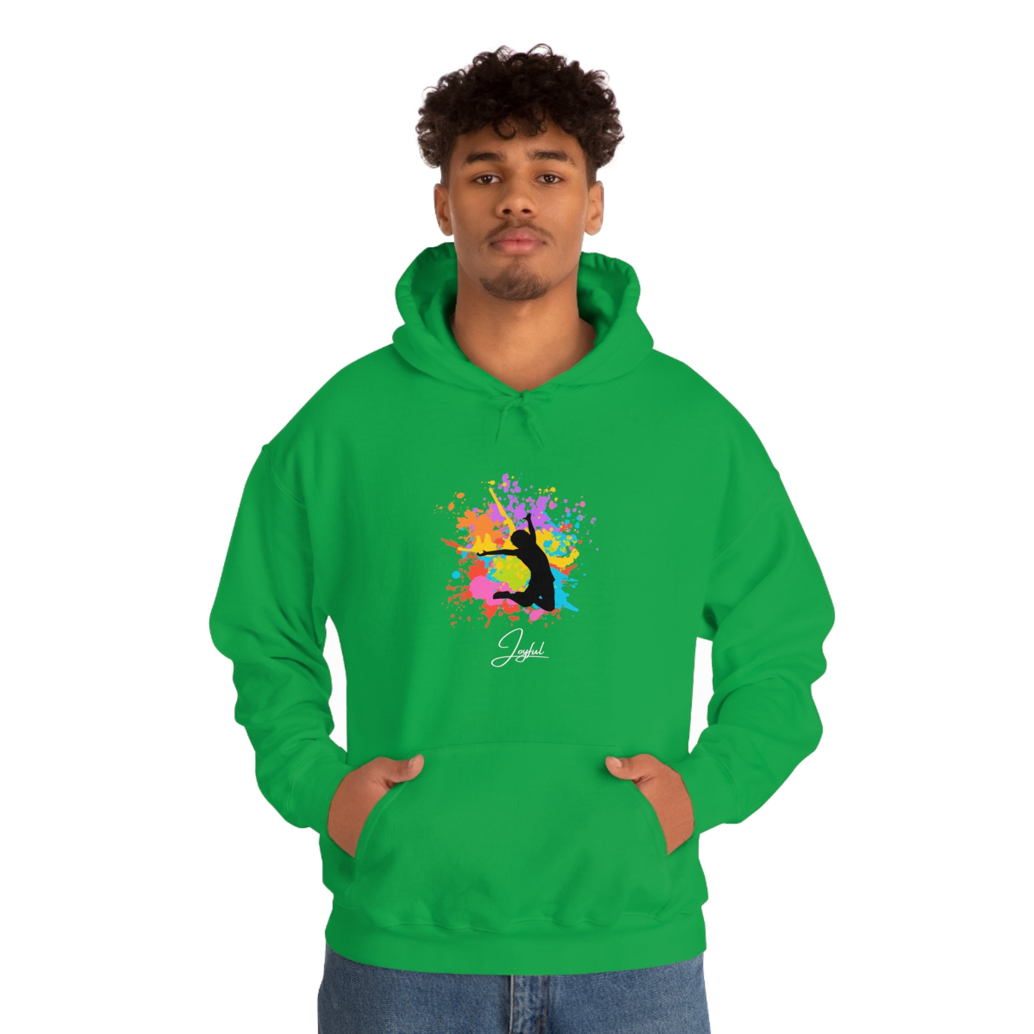 Adult male wearing Irish green sweatshirt with Joyful design on front.