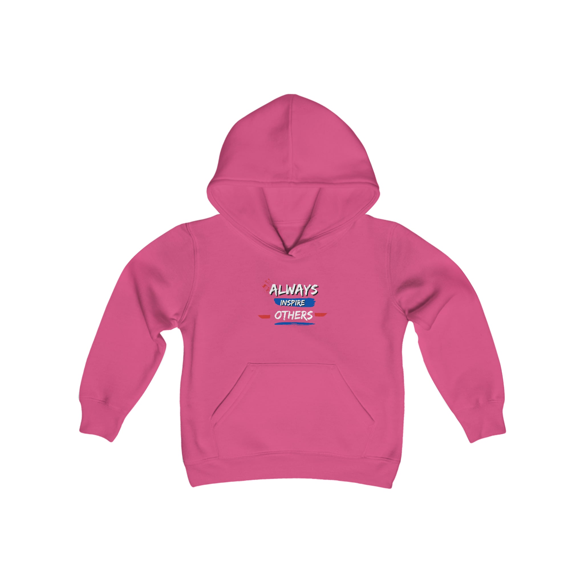 Youth unisex heliconia hoodie with "Always Inspire Others" motivational image on front.