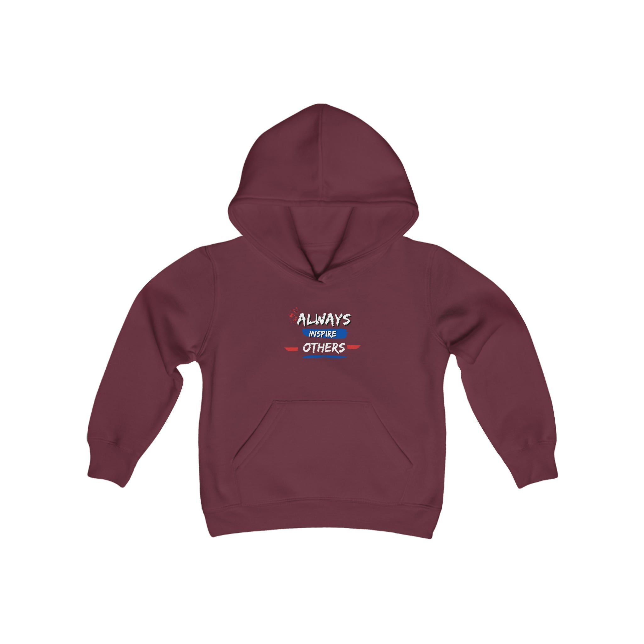 Youth unisex maroon hoodie with "Always Inspire Others" motivational image on front.