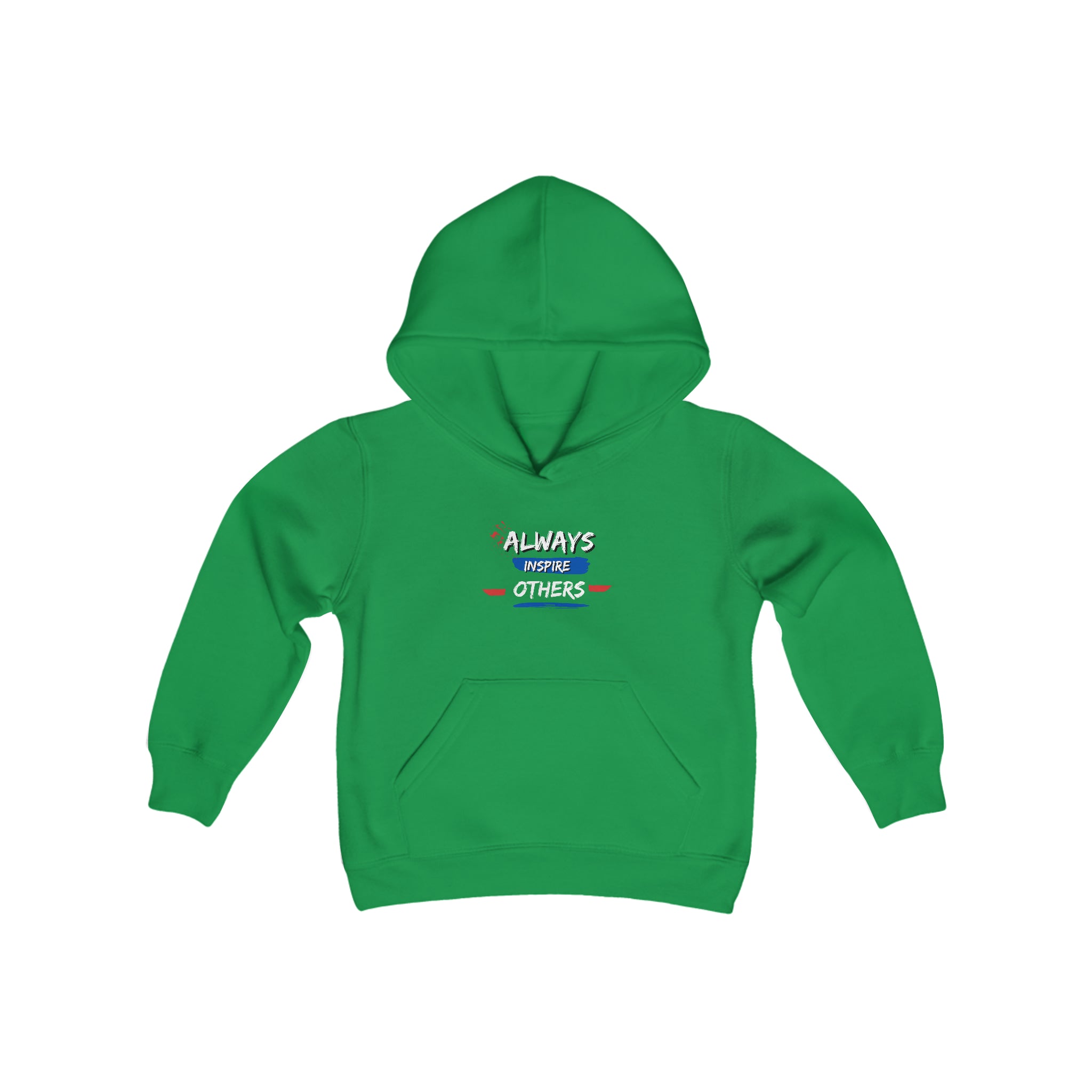 Youth unisex irish green  hoodie with "Always Inspire Others" motivational image on front.