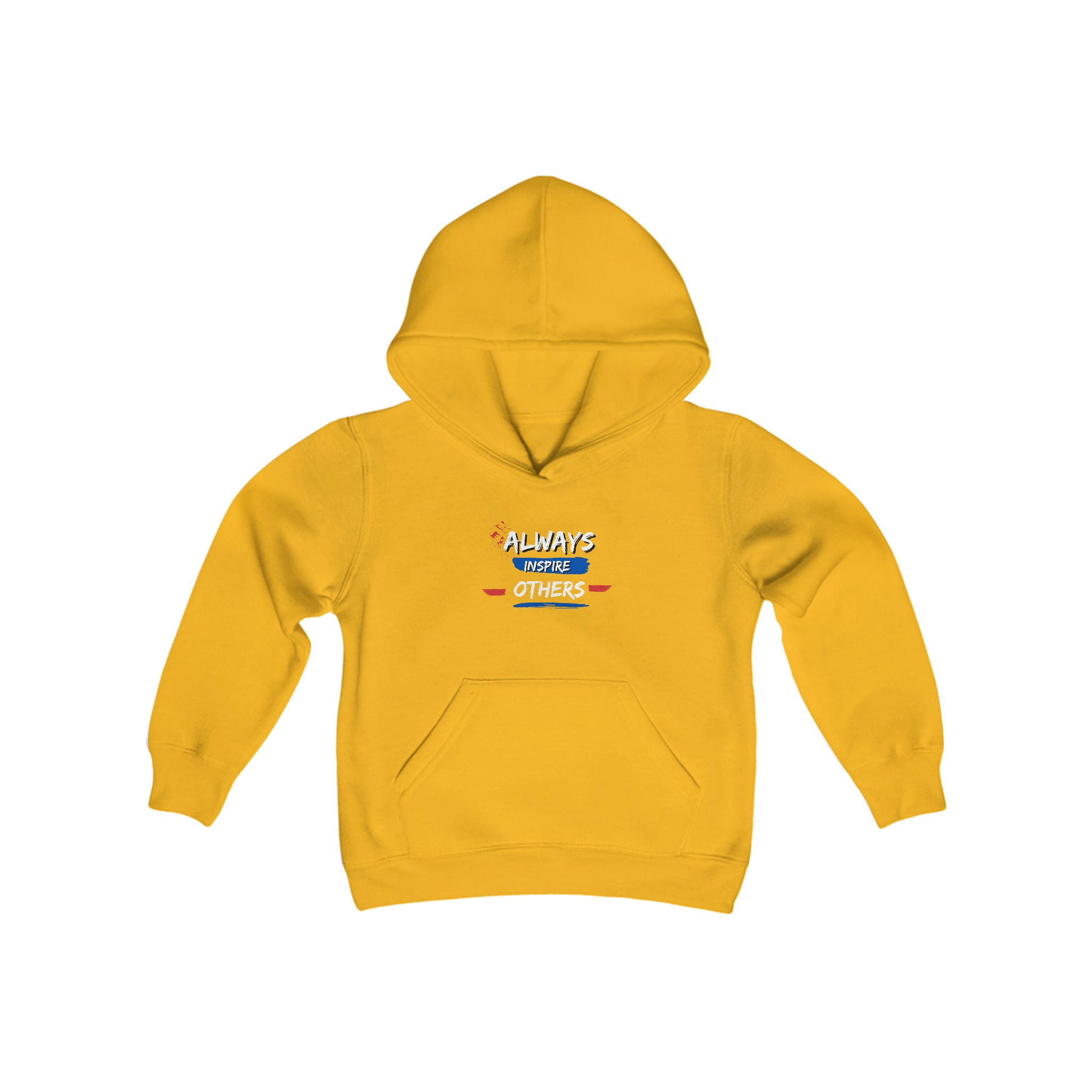 Youth unisex gold hoodie with "Always Inspire Others" motivational image on front.