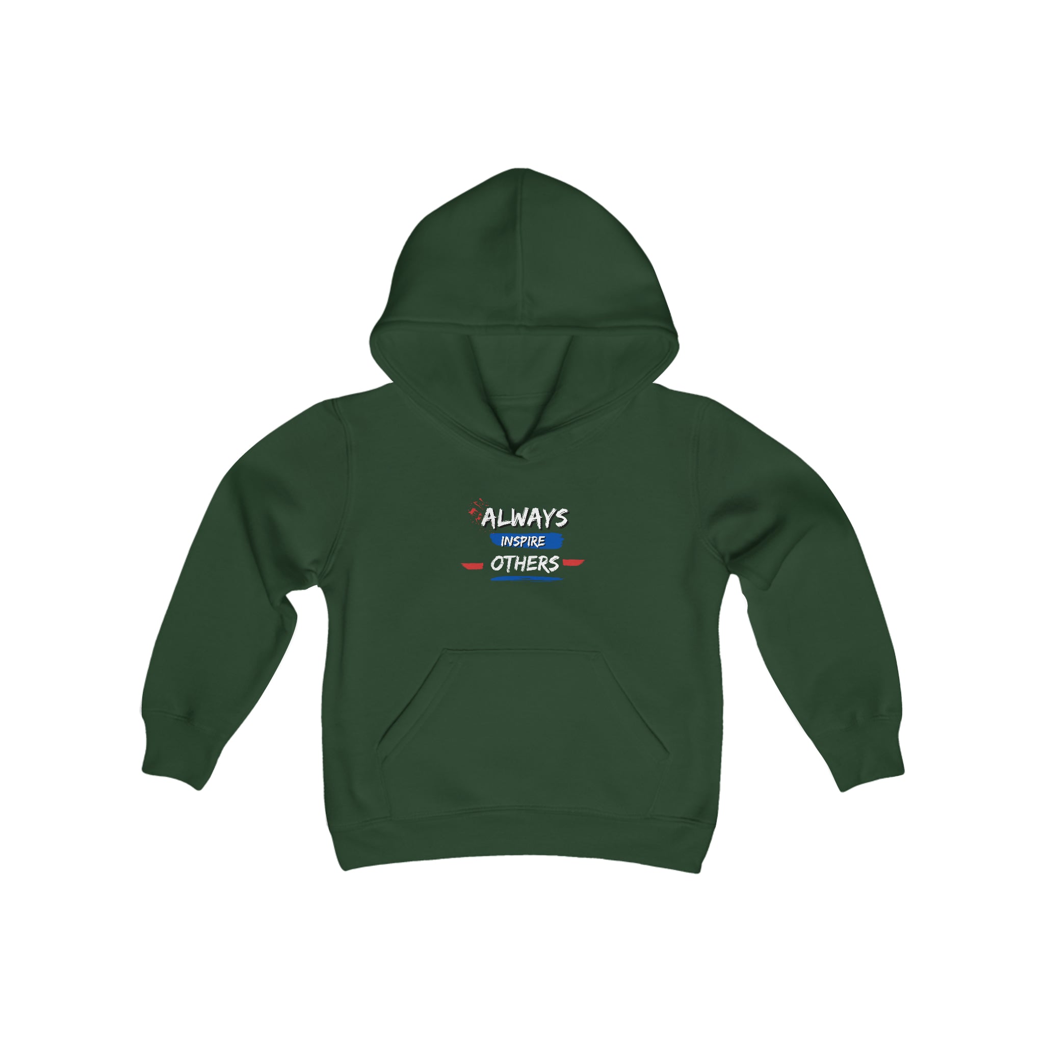 Youth unisex forest green hoodie with "Always Inspire Others" motivational image on front.