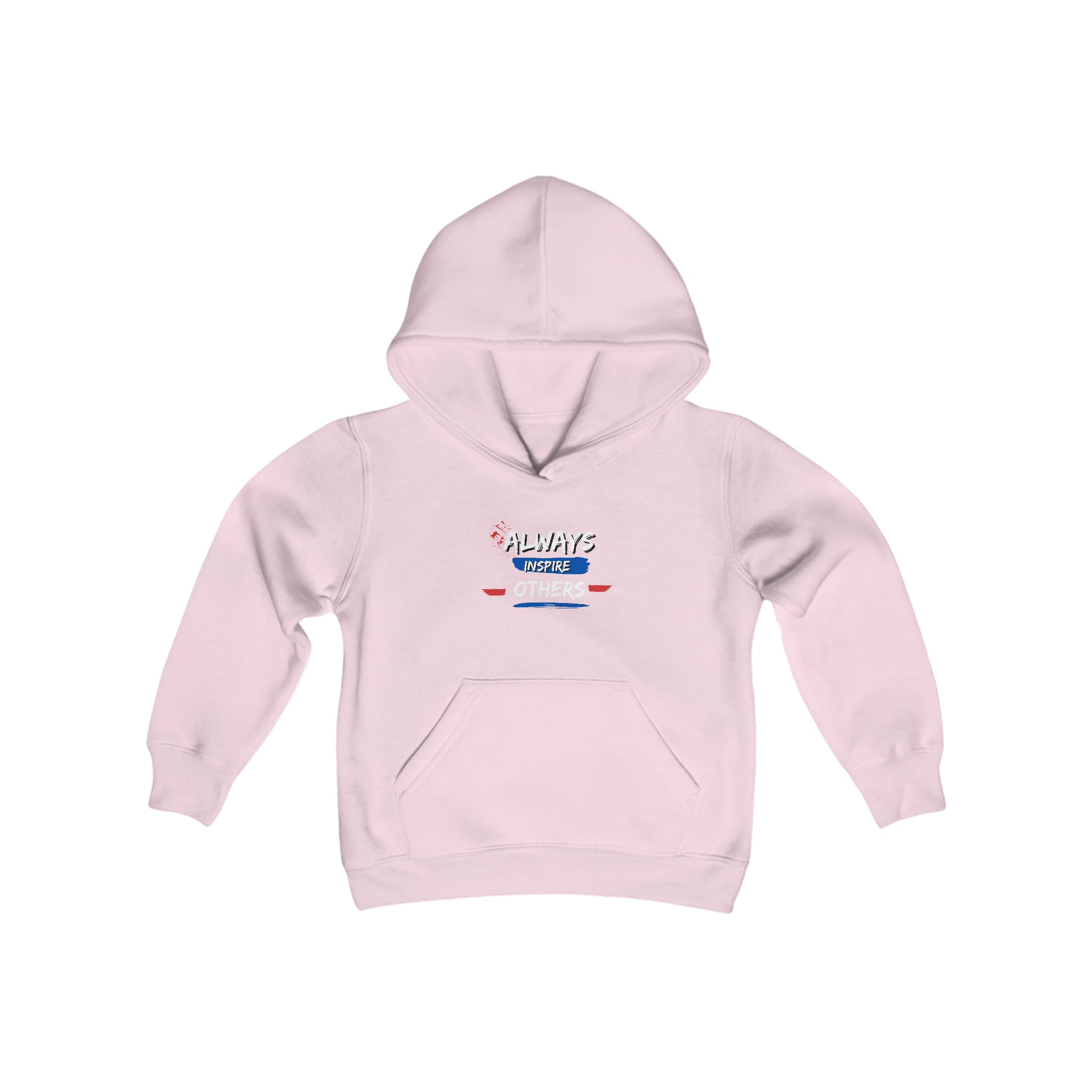 Youth unisex light pink hoodie with "Always Inspire Others" motivational image on front.
