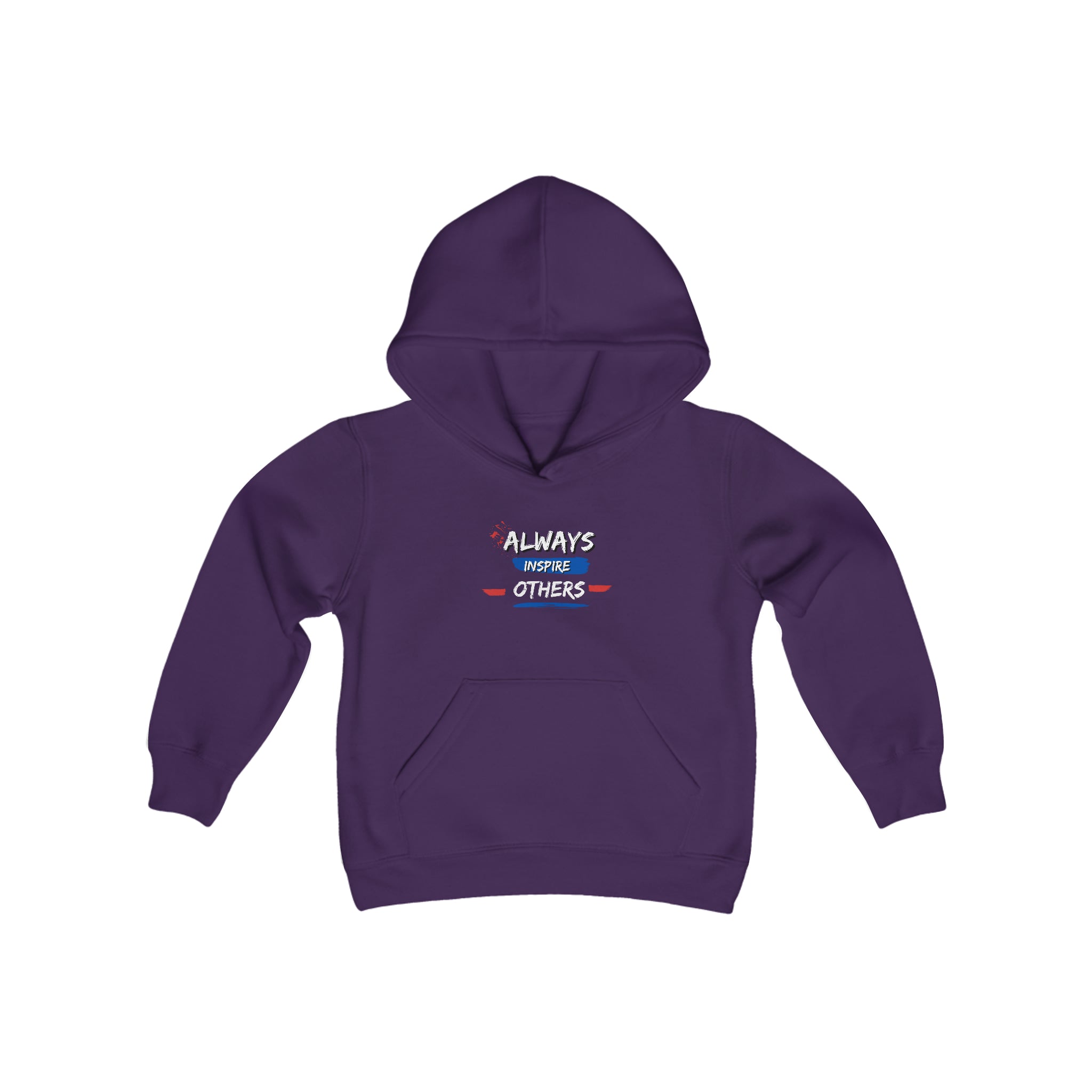Youth unisex purple hoodie with "Always Inspire Others" motivational image on front.