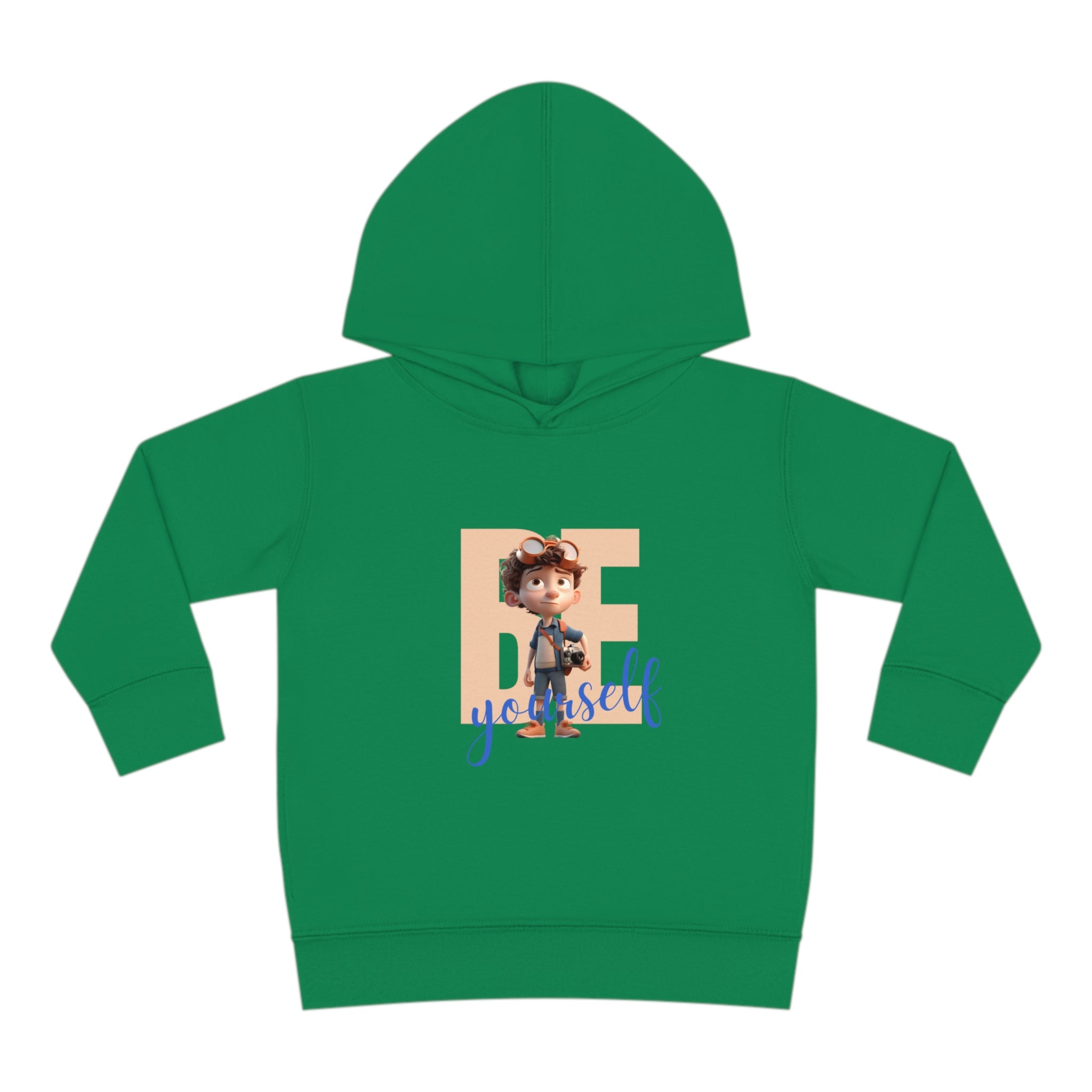 Toddler boy wearing kelly green hoodie with "Be Yourself" motivational image on front.