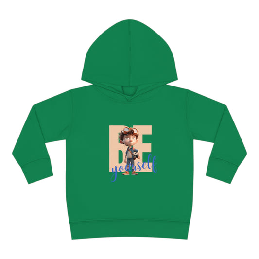 Toddler boy wearing kelly green hoodie with "Be Yourself" motivational image on front.