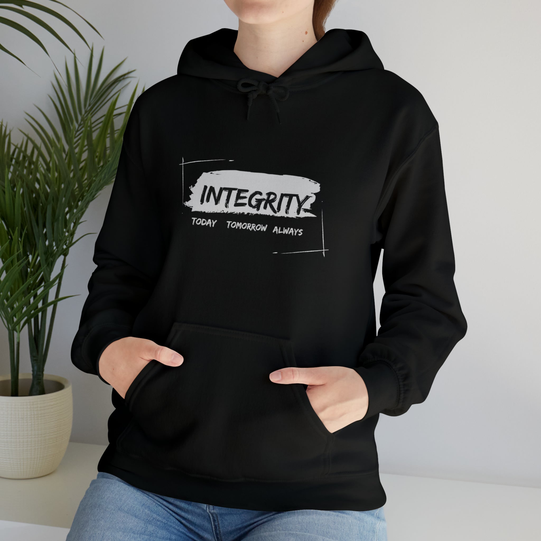 Adult Unisex black hoodie " Integrity Today Tomorrow Always" inspired image.