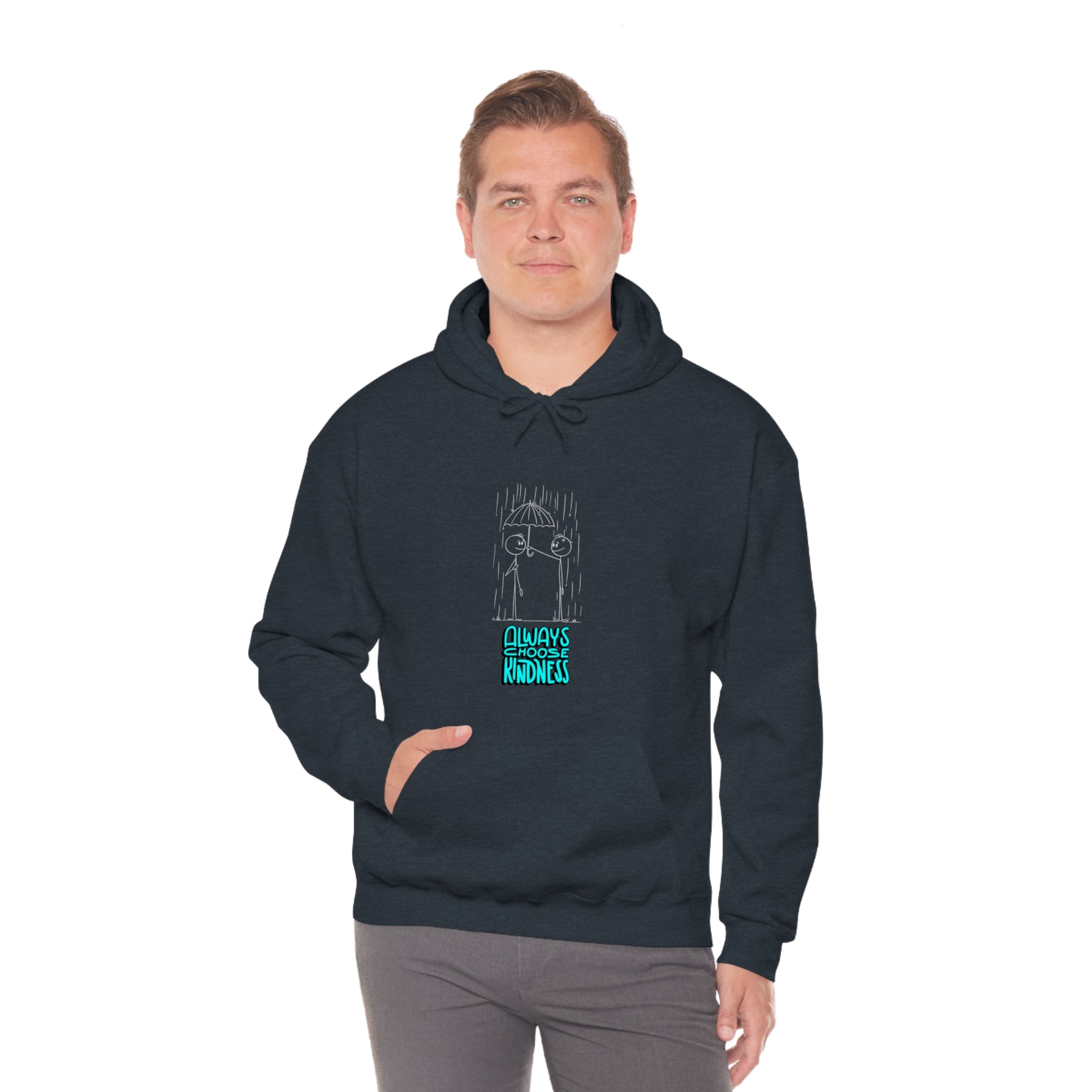 Adult Male wearing heather navy colored hoodie with "Always Choose Kindness" inspired graphic.