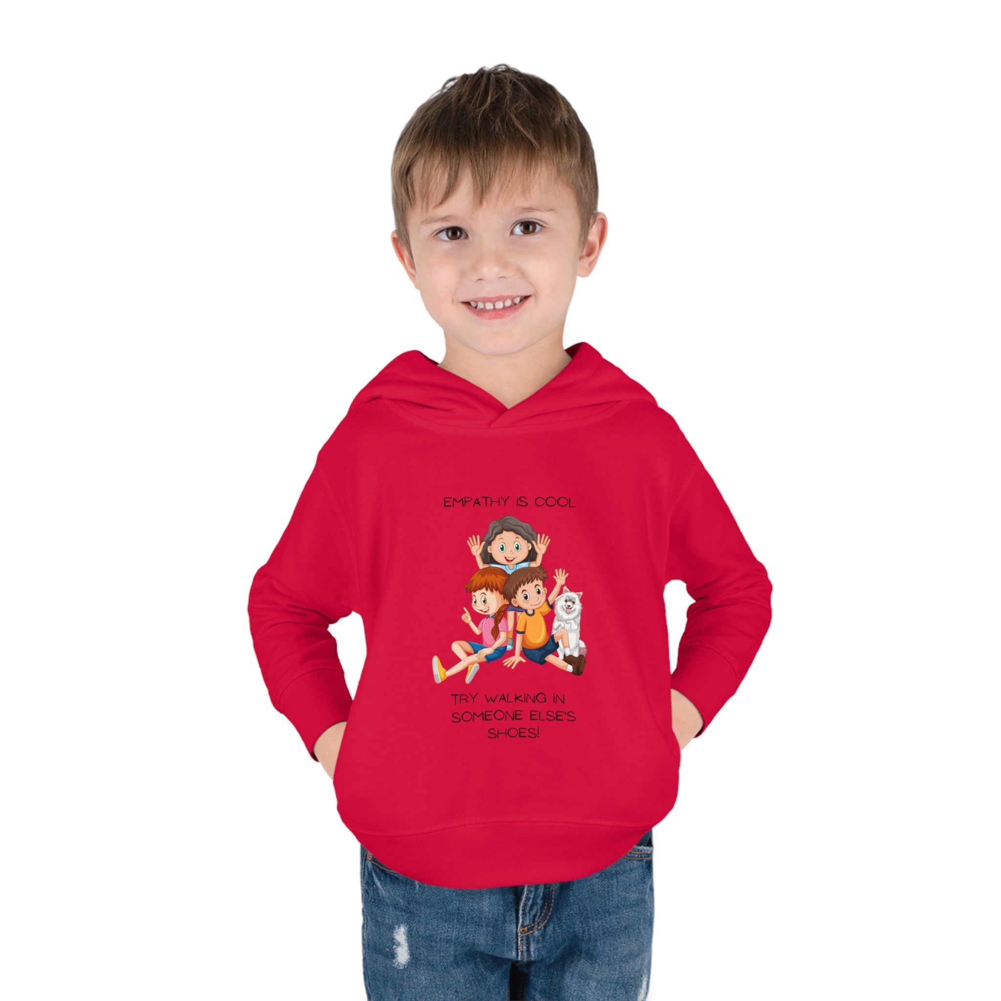 Toddler boy wearing red hoodie " Empathy Is Cool Try Walking In Someone Else's Shoes" Inspired message on front.