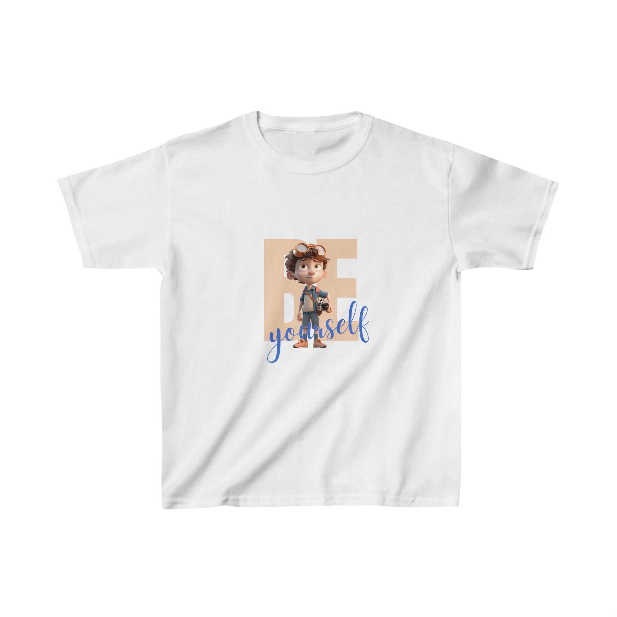 Youth Boy white T-Shirt with "Be Yourself" inspired graphic on front.