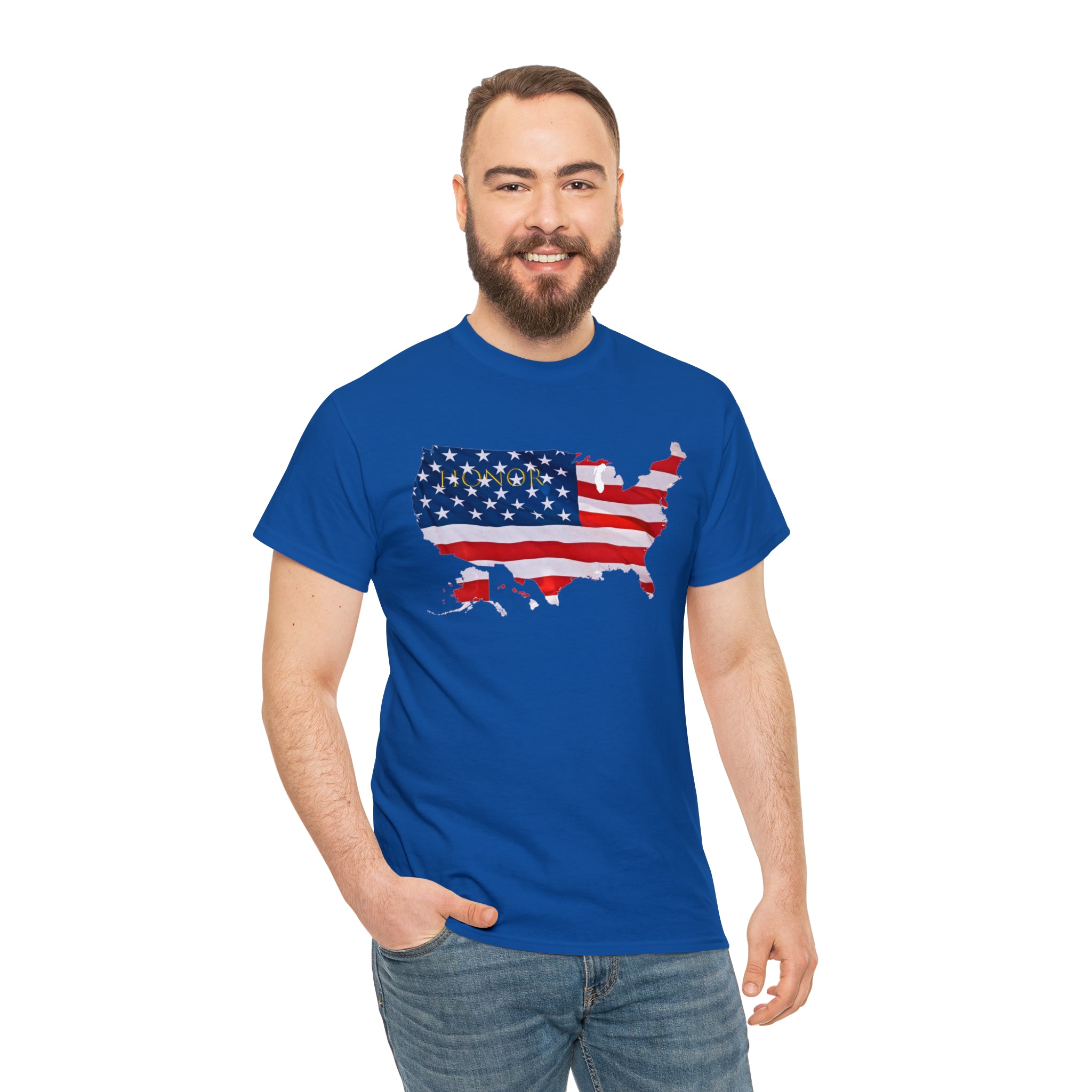 Adult Male wearing royal  T-Shirt with "Honor USA" inspired American as a Flag graphic on front.