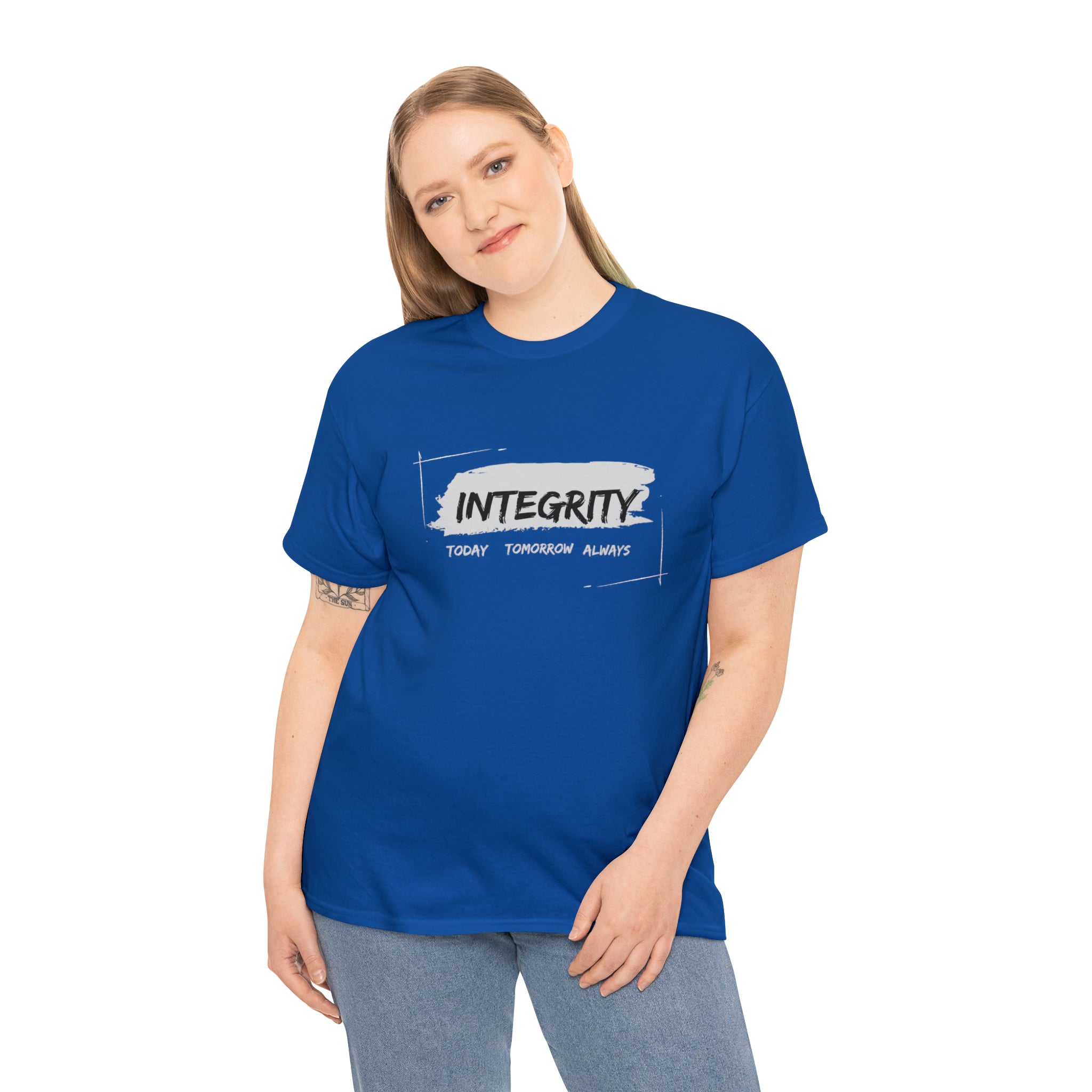 Adult woman wearing royal T-Shirt " Integrity Today Tomorrow Always" inspired image.