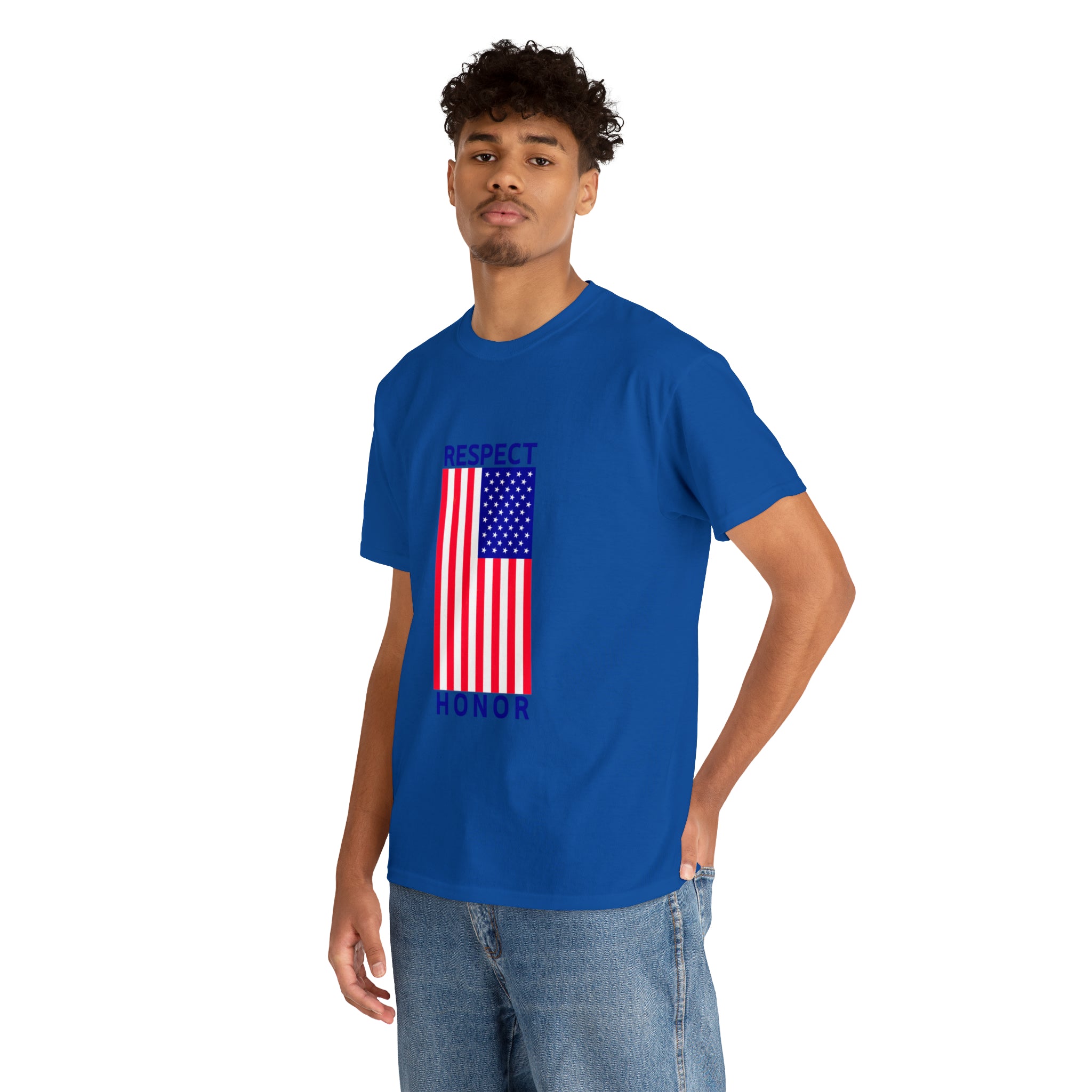 Adult man wearing royal T-Shirt with "Respect Honor" Inspired Classic American Flag on front.