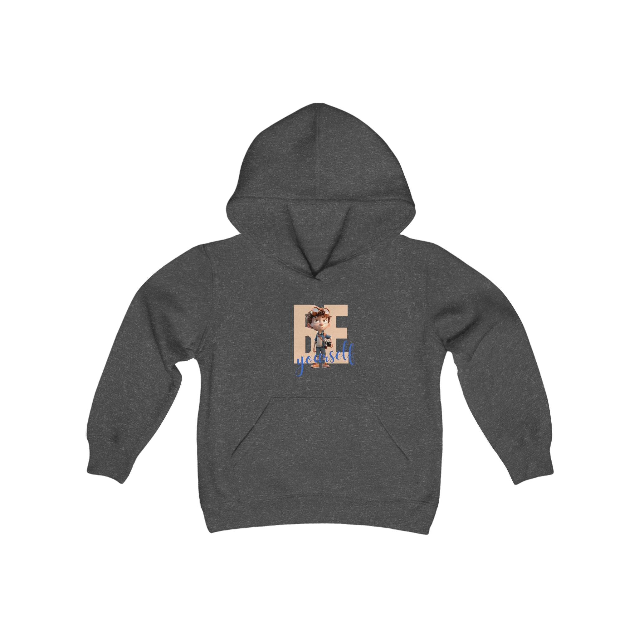 Youth Boy dark heather sweatshirt with " BE Yourself" Graphic on front.