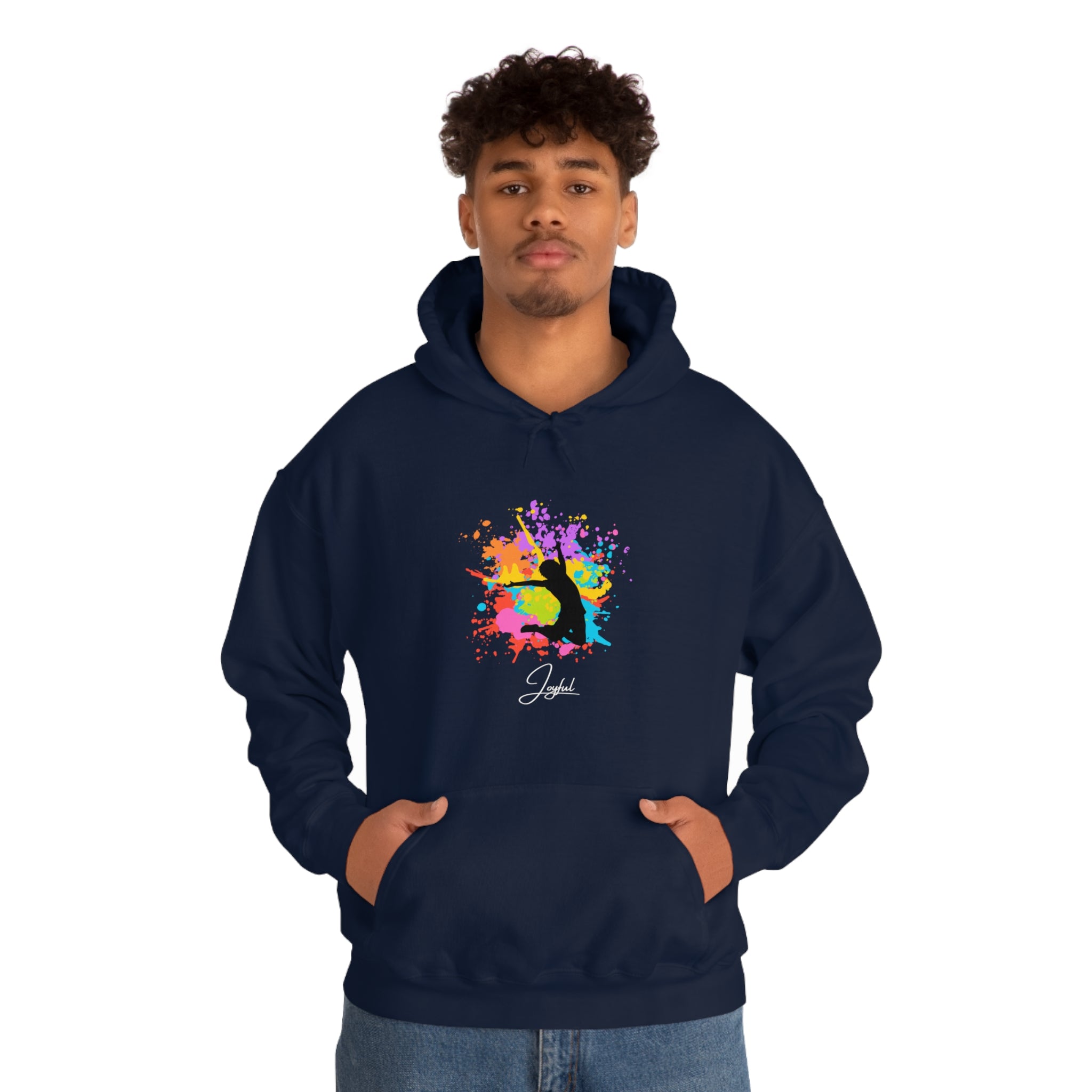 Adult male wearing navy "Joyful" Hoodie