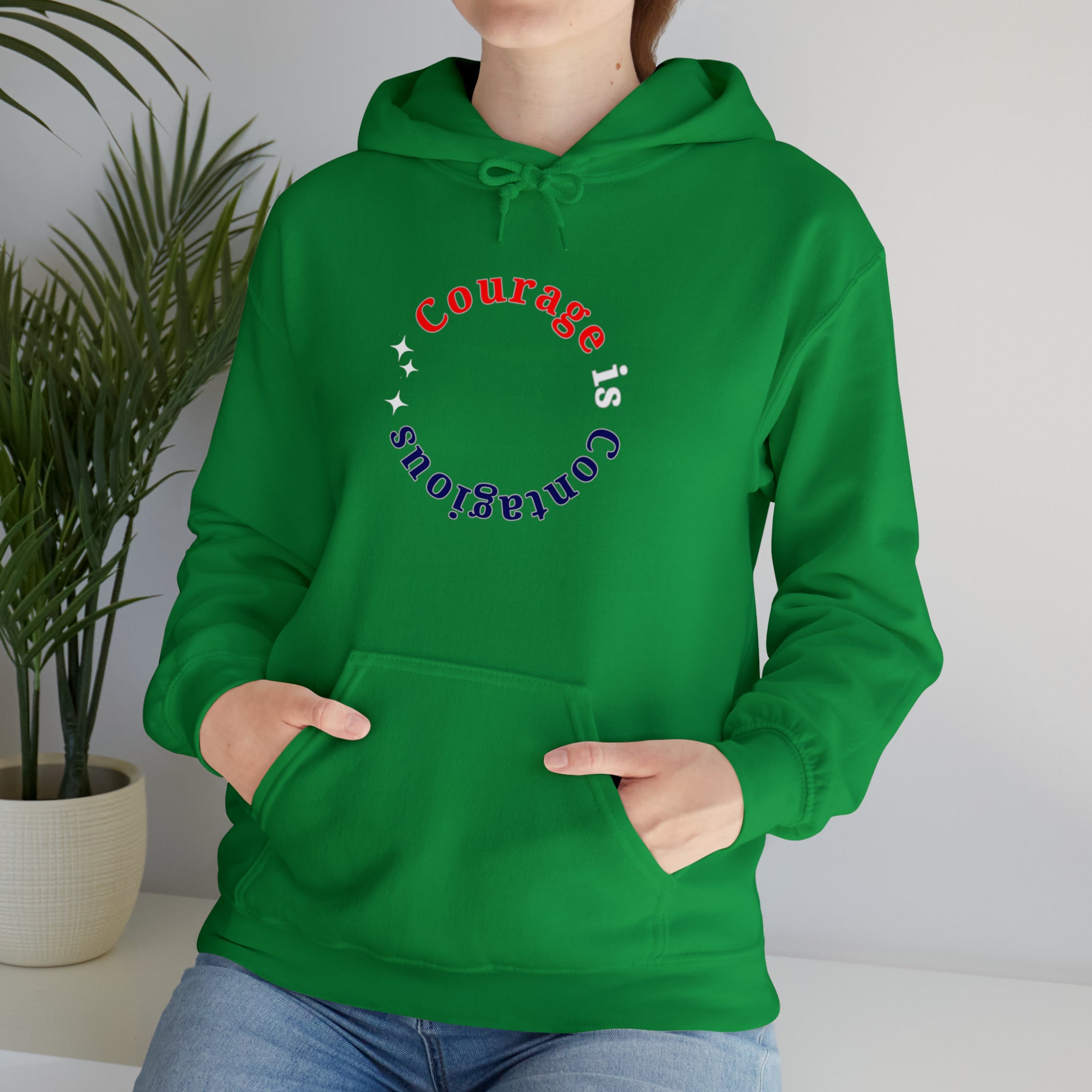 Adult unisex irish green  hoodie " Courage is Contagious" inspired message on front.