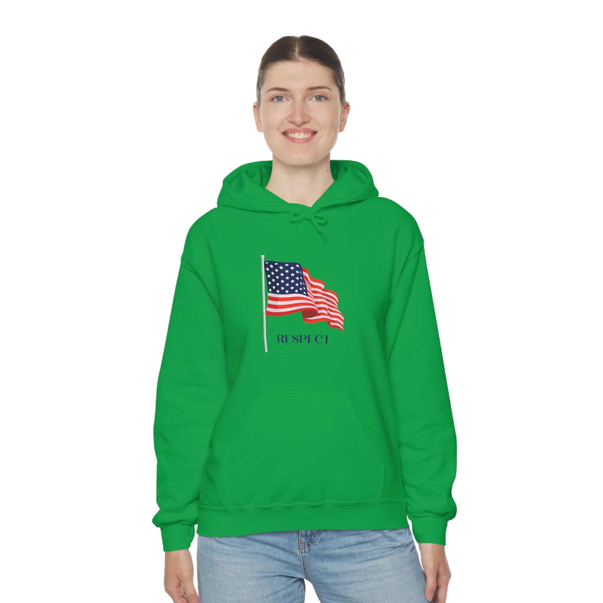Adult female wearing irish green hoodie with "Respect" inspired American Flag on front.