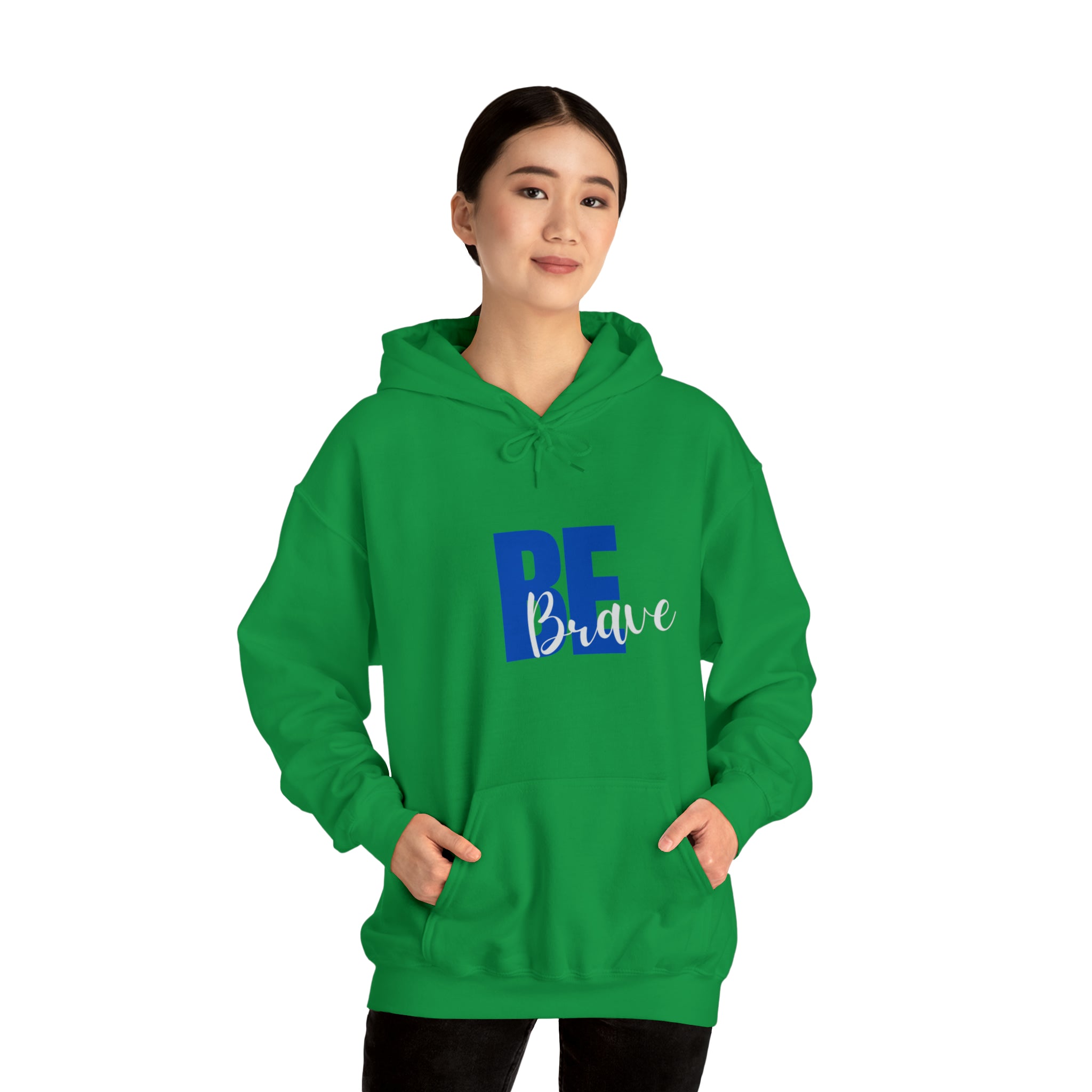 Adult Women wearing irish green hoodie with "Be Brave" motivational image on front.