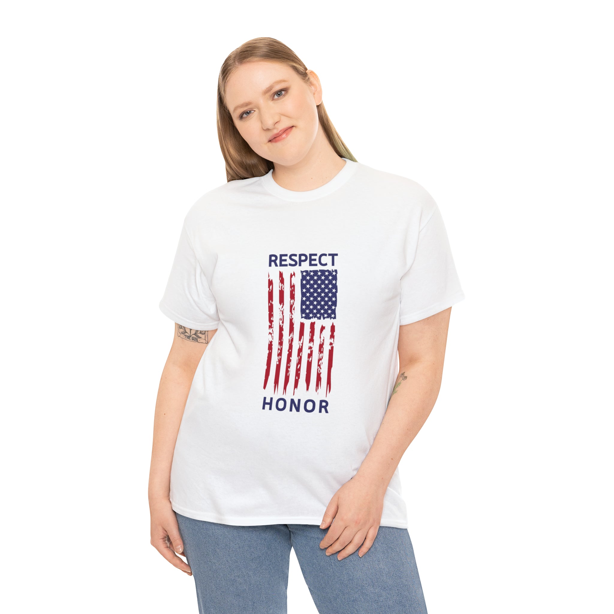 Adult female wearing white T-Shirt with "Respect Honor" Inspired Rustic American Flag on front.