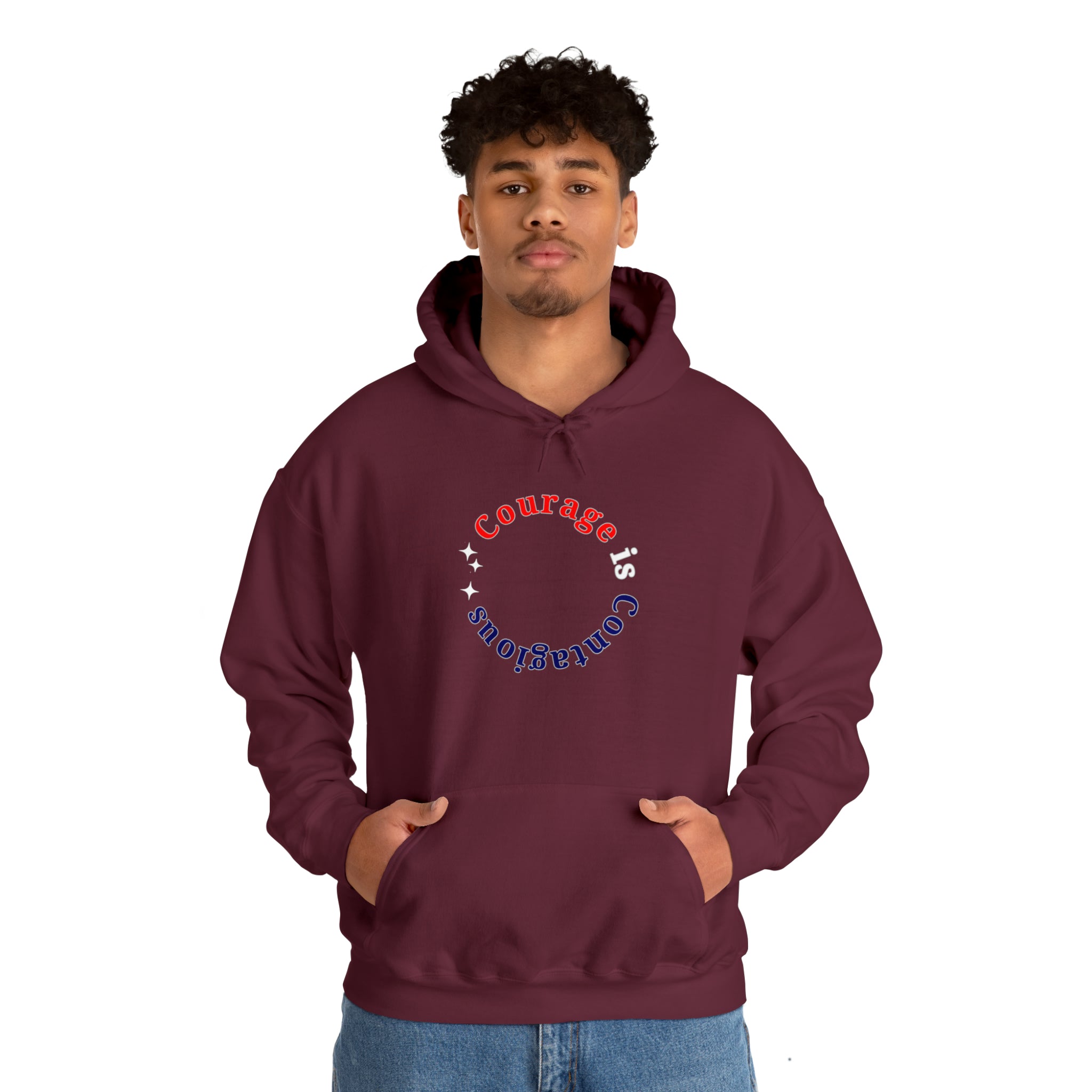 Adult man wearing maroon hoodie " Courage is Contagious" inspired message on front.