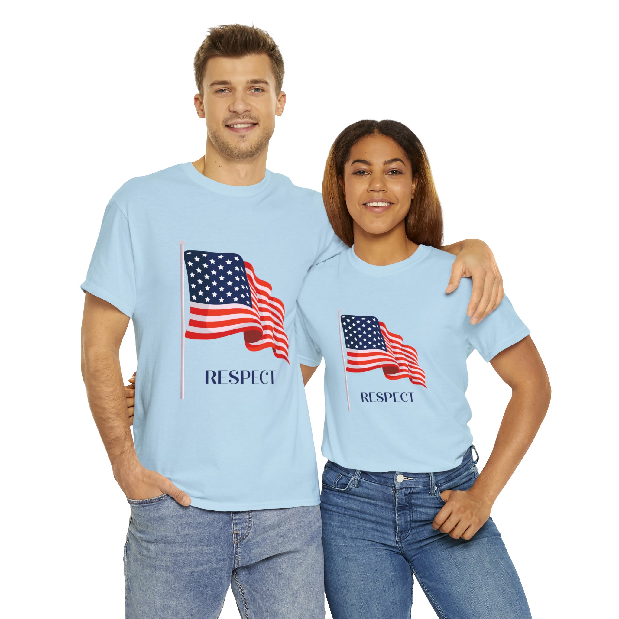 Adult Man & Women wearing light blue T-Shirt " Respect" American flag on front.