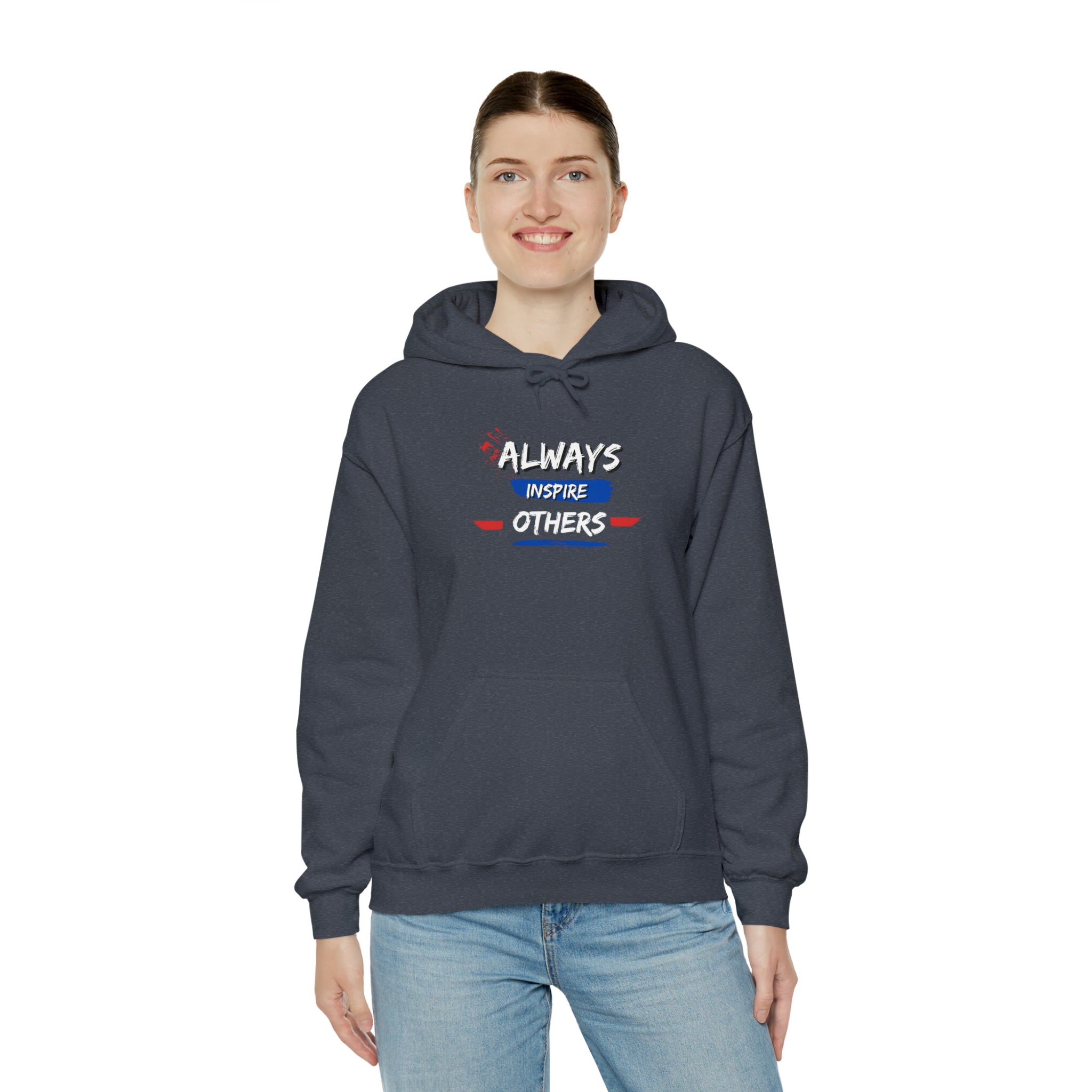 Adult female wearing dark heather  hoodie with "Always Inspire Others"ational image on front.