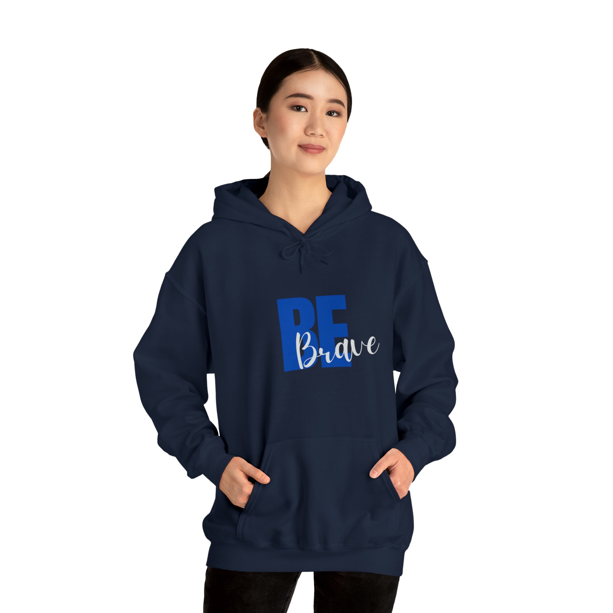 Adult Women wearing navy  hoodie with "Be Brave" motivational image on front.