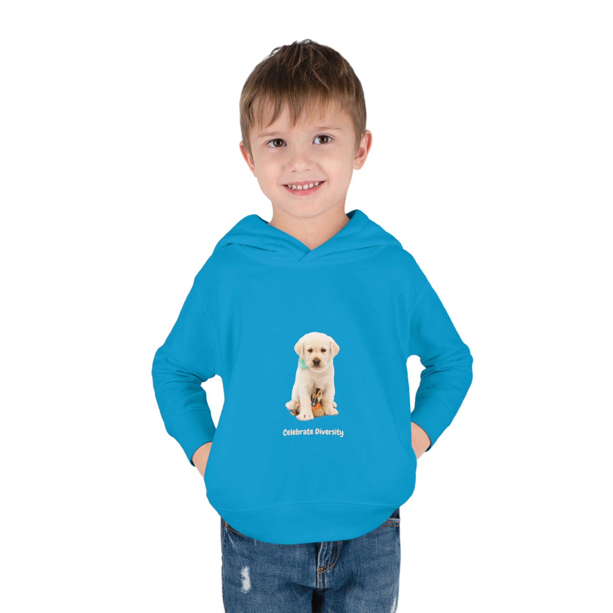 Toddler boy wearing royal unisex hoodie with "Celebrate Diversity" inspired graphic with puppy and duck on front.