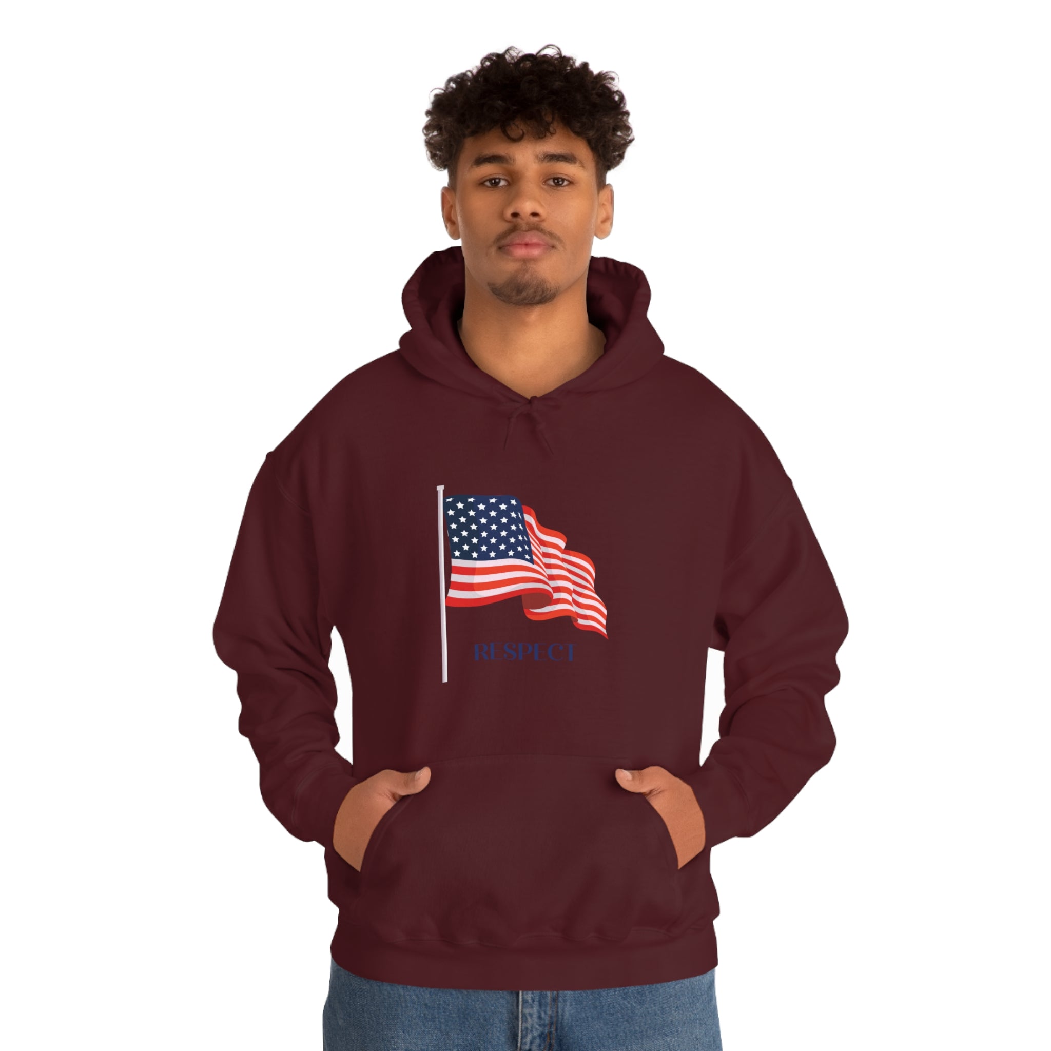 Adult male wearing maroon hoodie with "Respect" inspired American Flag on front.