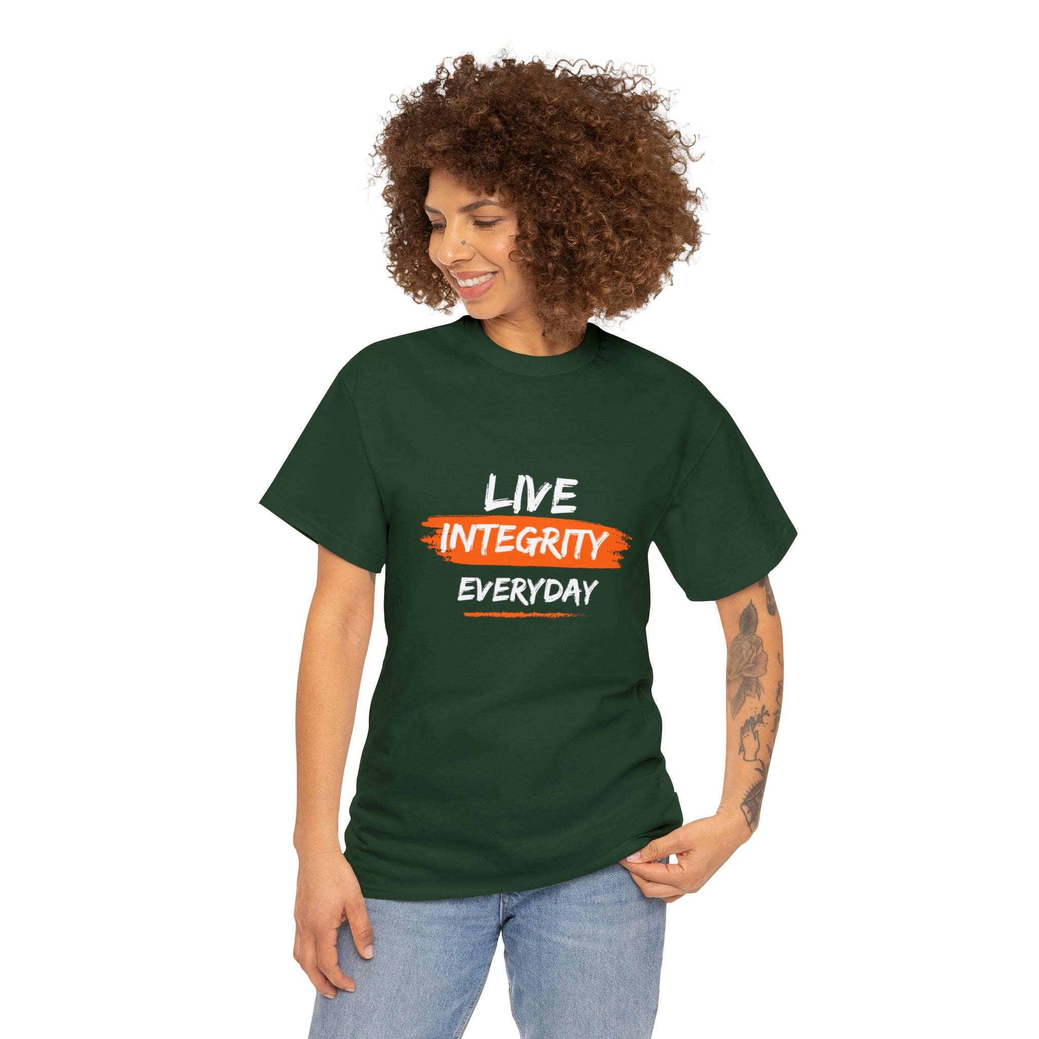 Adult female wearing forest green T-Shirt " Live Integrity Everyday" inspired images