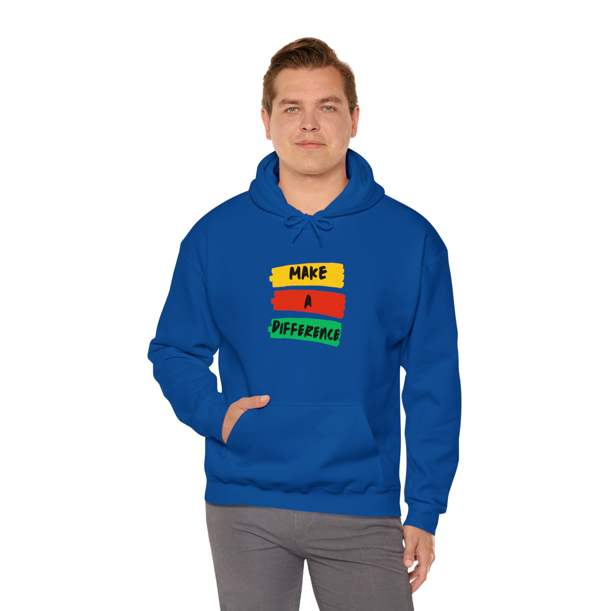 Adult Male wearing royal  hoodie " Make A Difference" inspired images.