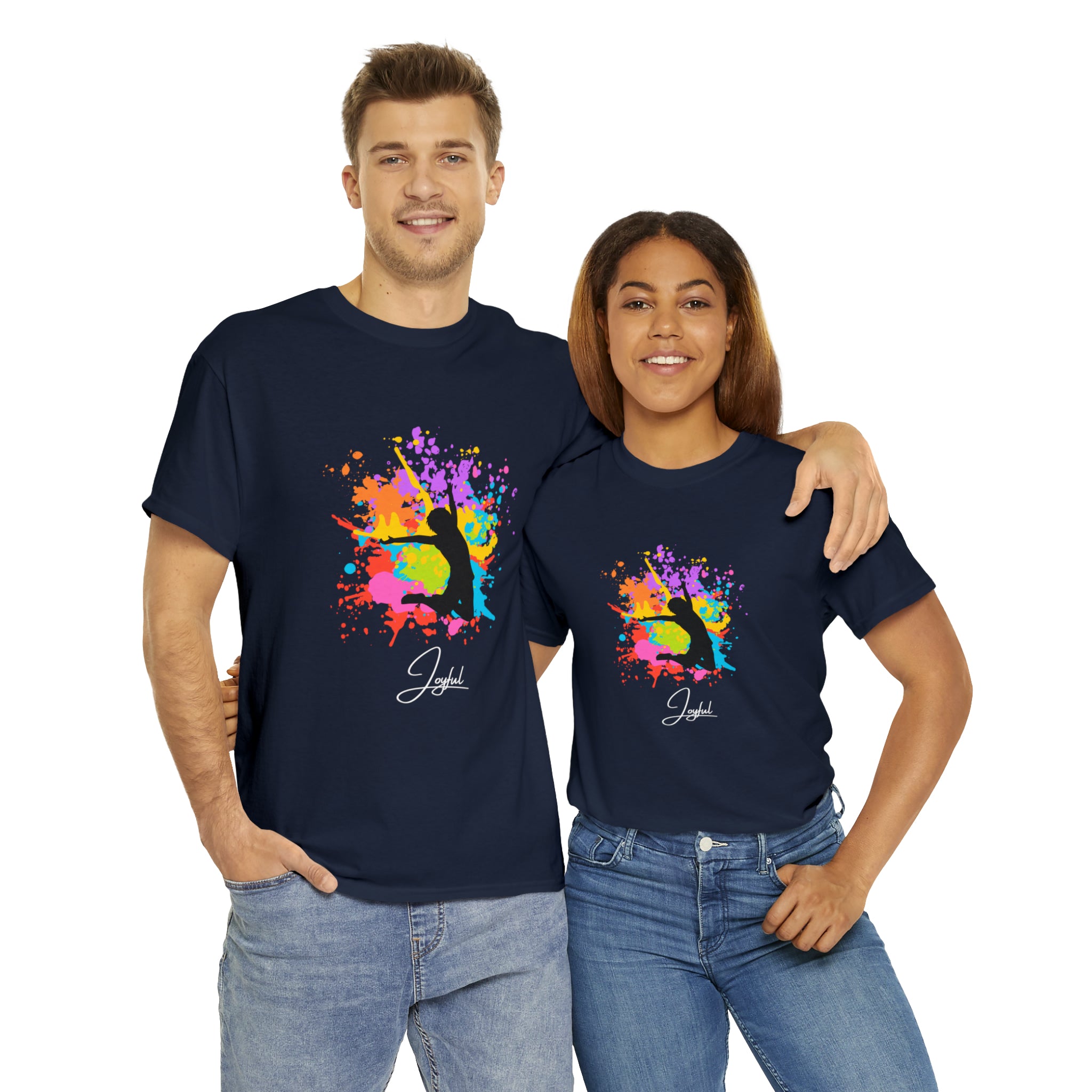 Adult Male and Female wearing  T-Shirts with" navy Joyful" inspired graphic on front.