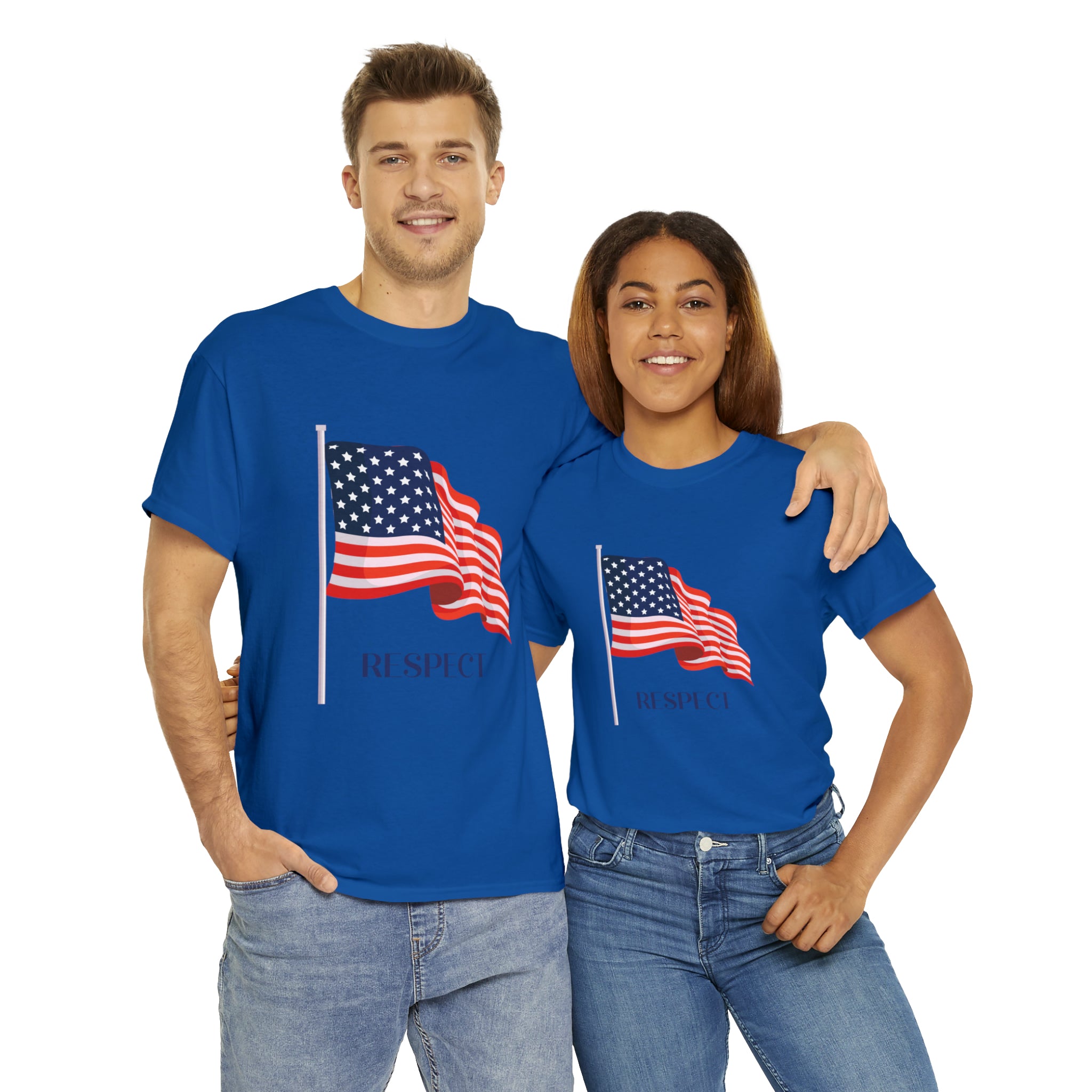 Adult Man & Women wearing royal T-Shirt " Respect" American flag on front.