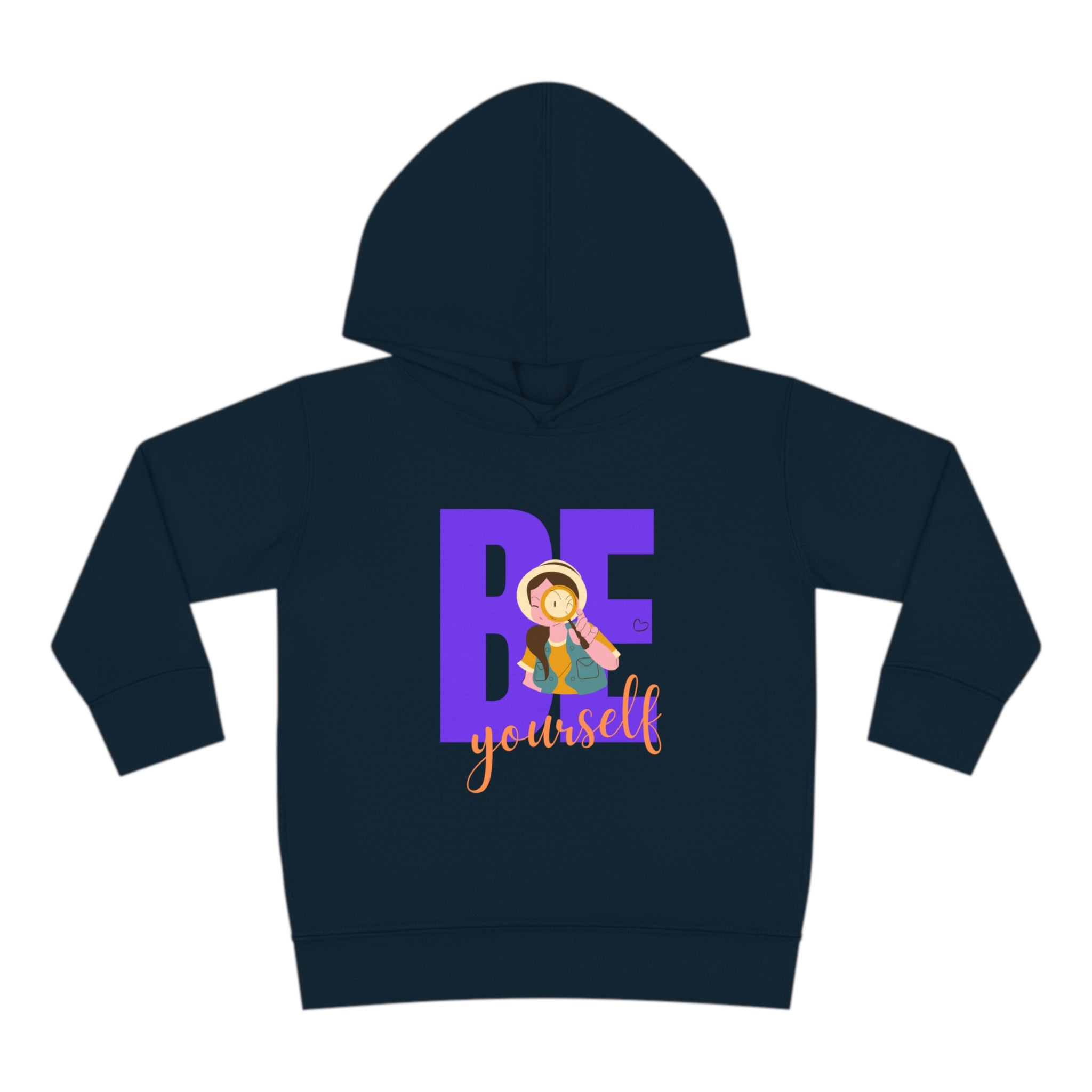 Toddler girls  navy hoodie with "Be Yourself" motivational image on front.
