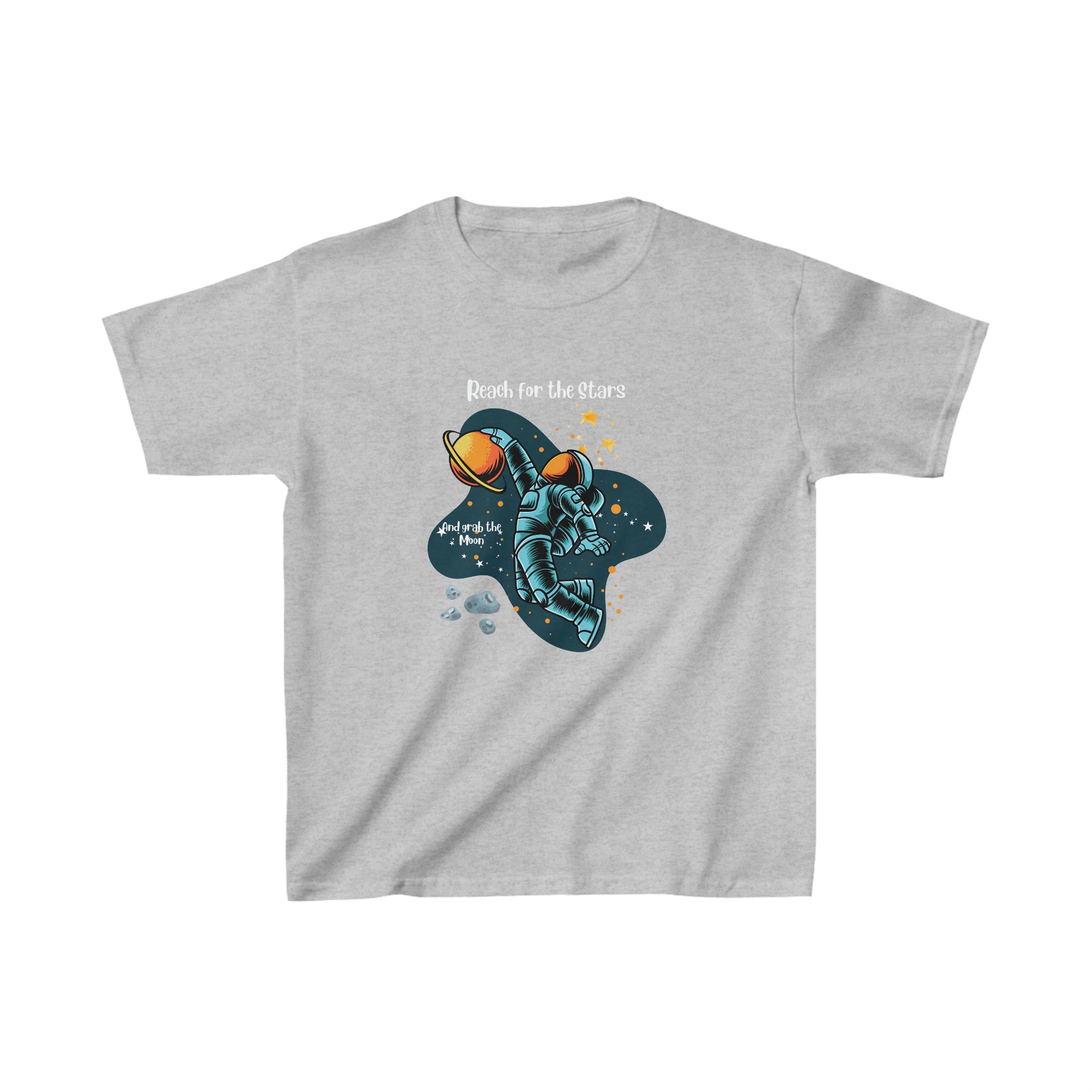 Youth unisex sports grey T-Shirt with "Reach for the stars but grab the moon" motivational image on front.