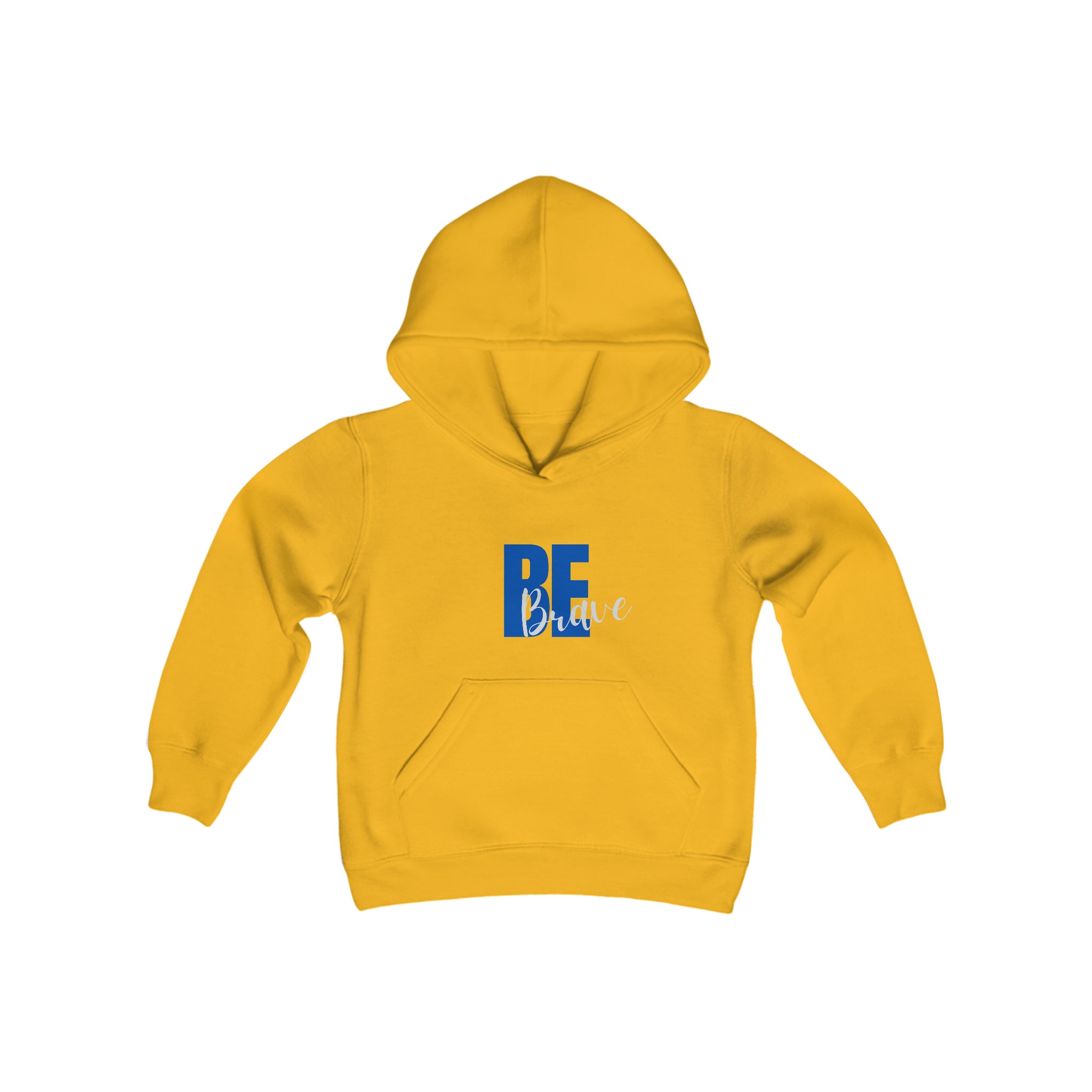 Youth unisex gold hoodie with "Be Brave" motivational image on front.