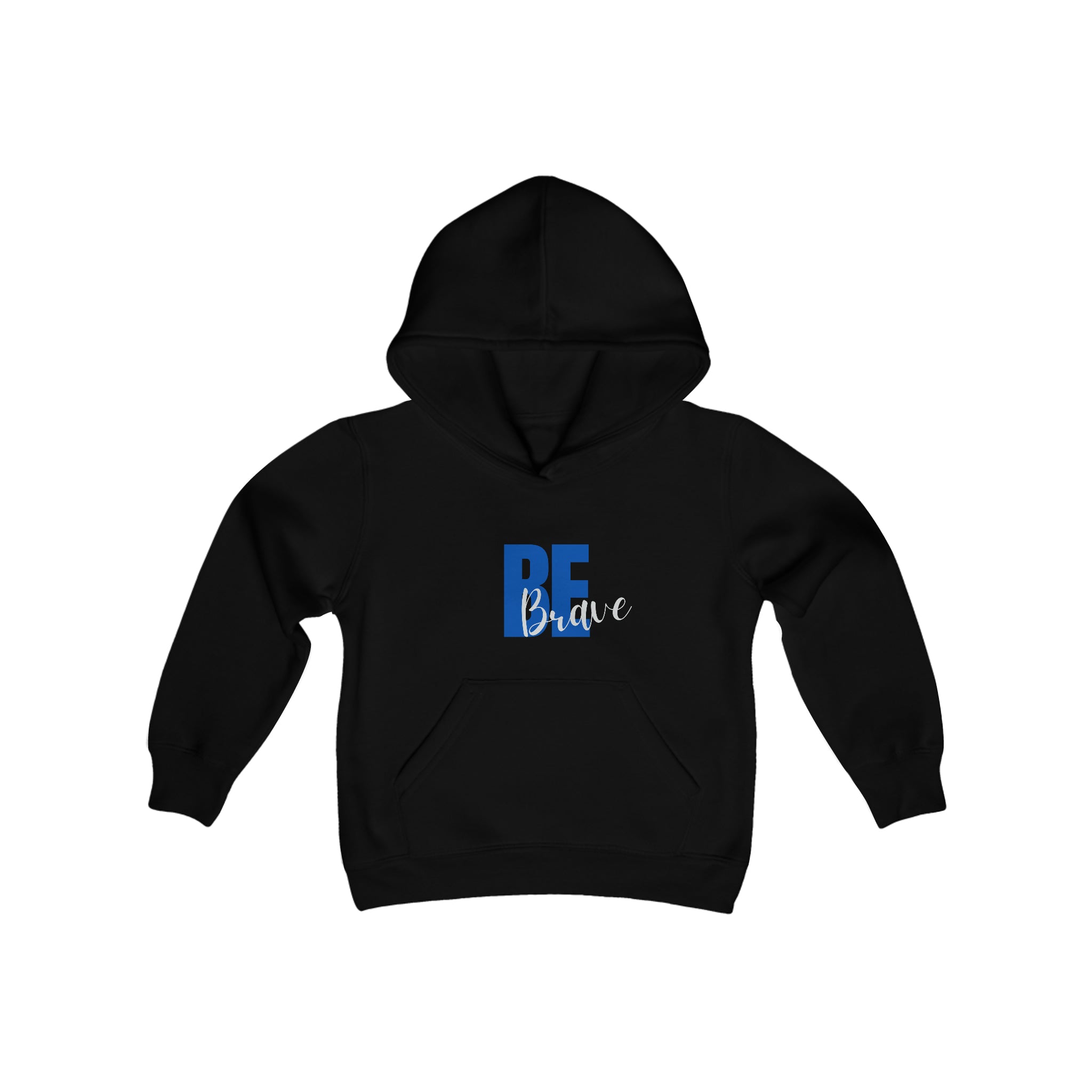 Youth unisex black hoodie with "Be Brave" motivational image on front.